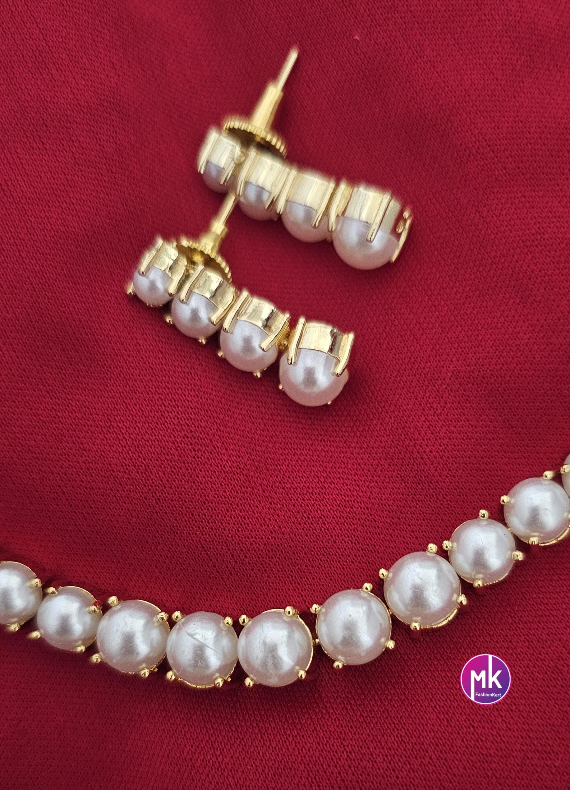 Celebrity style Simple pearl chain with matching long Earrings - Adult cum Teen Necklace - MK Fashionkart - Fashion Jewelry