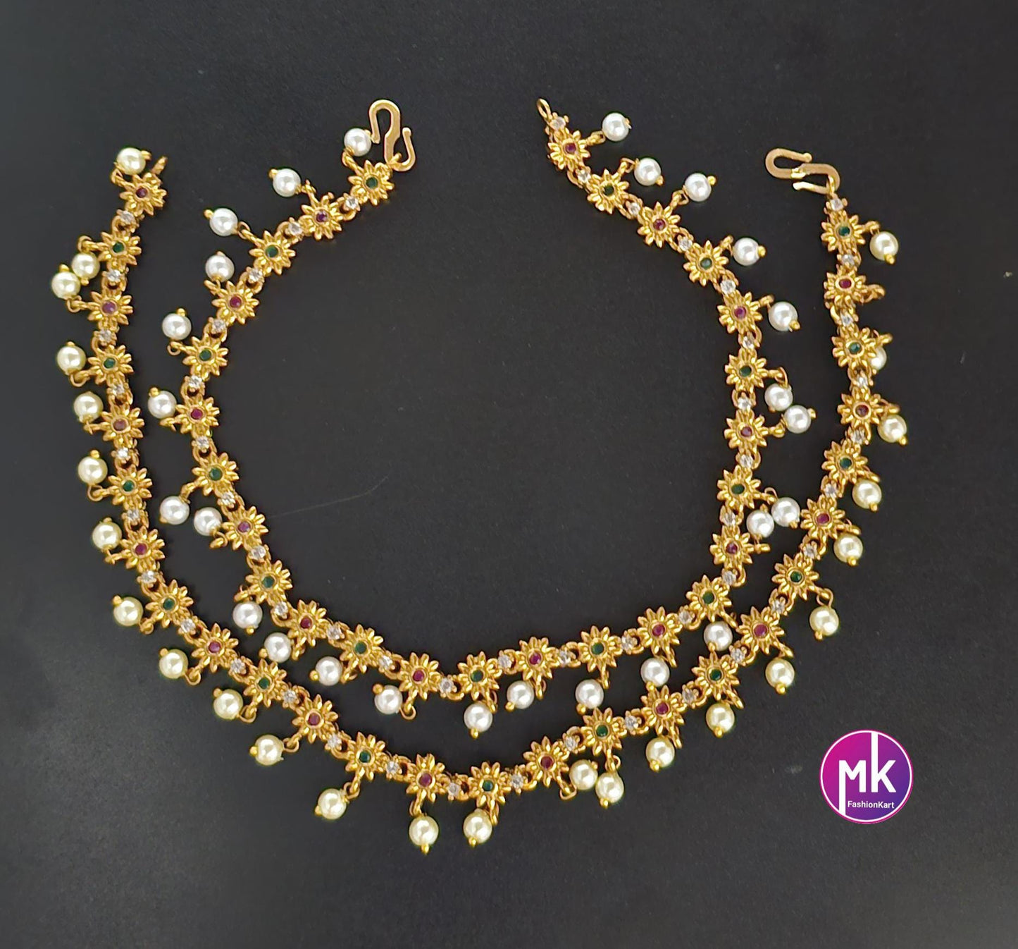 Matte gold finish/Gold finish Premium Quality AD stone Multi-color Anklet/Leg chain/kolusu with hanging pearls - MK Fashionkart