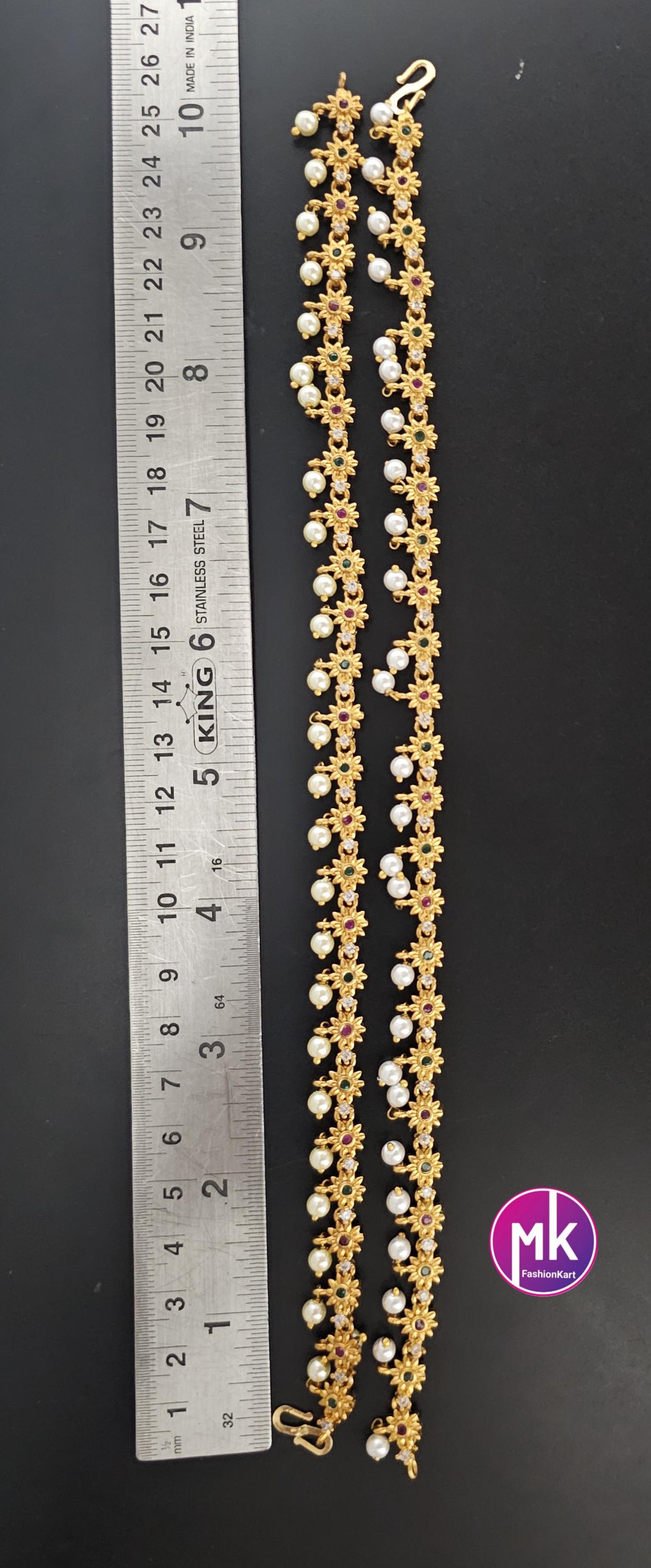 Matte gold finish/Gold finish Premium Quality AD stone Multi-color Anklet/Leg chain/kolusu with hanging pearls - MK Fashionkart