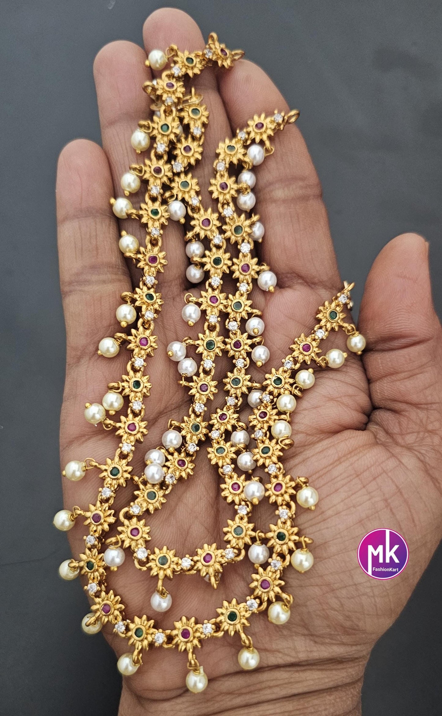 Matte gold finish/Gold finish Premium Quality AD stone Multi-color Anklet/Leg chain/kolusu with hanging pearls - MK Fashionkart