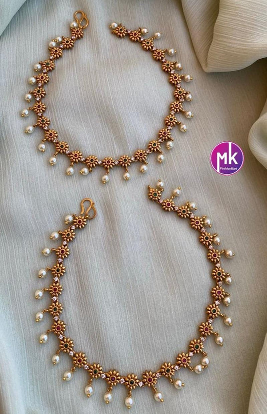Matte gold finish/Gold finish Premium Quality AD stone Multi-color Anklet/Leg chain/kolusu with hanging pearls - MK Fashionkart
