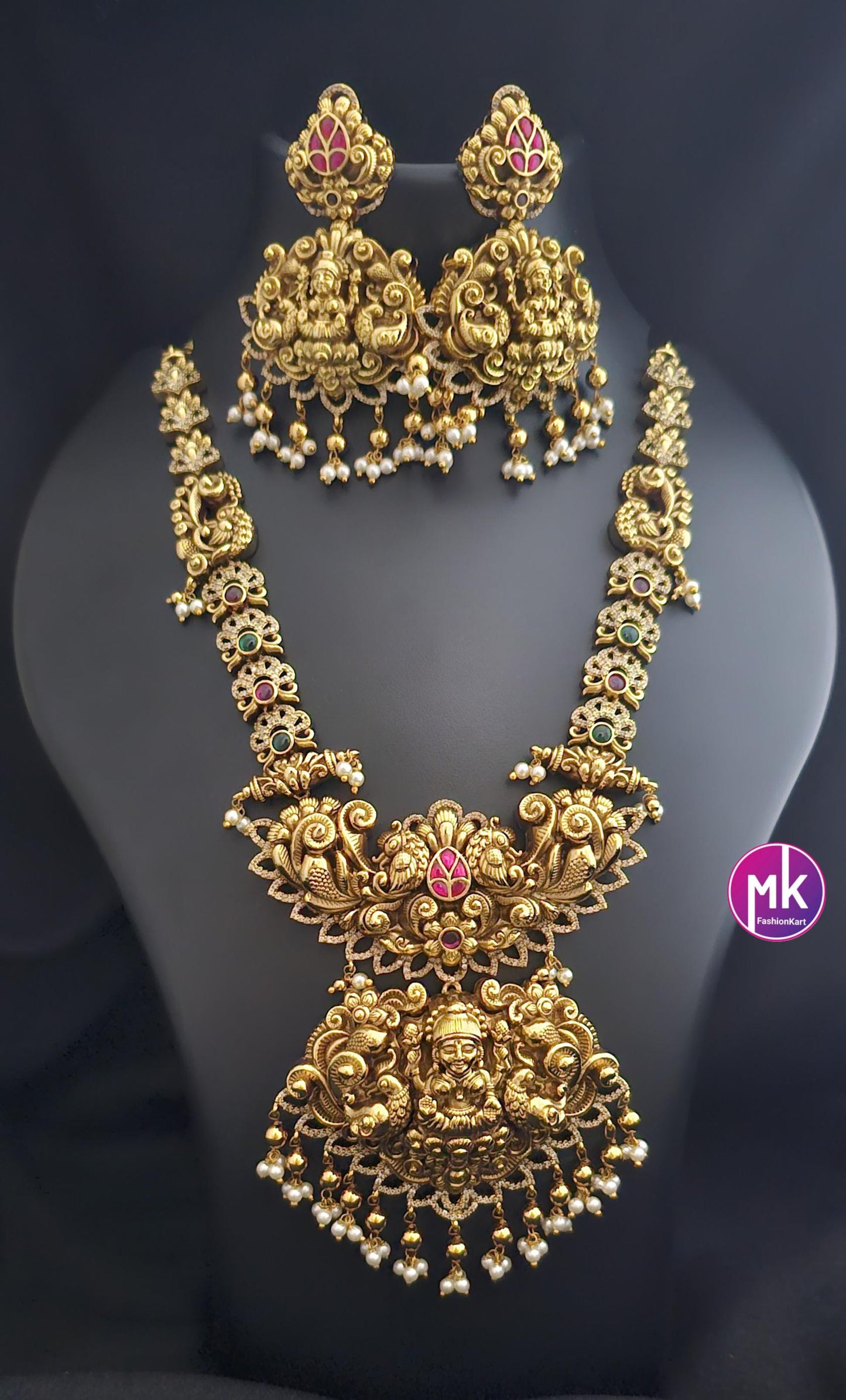 Celebrity Style Nakshi Design Jadau Kundan Heavy Big Bridal Necklace w Heavy Big Earring - Bridal Temple Jewelry Necklace - MK Fashionkart