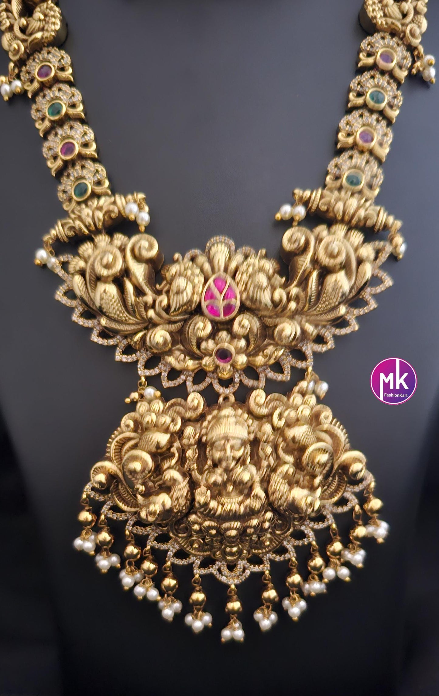 Celebrity Style Nakshi Design Jadau Kundan Heavy Big Bridal Necklace w Heavy Big Earring - Bridal Temple Jewelry Necklace - MK Fashionkart