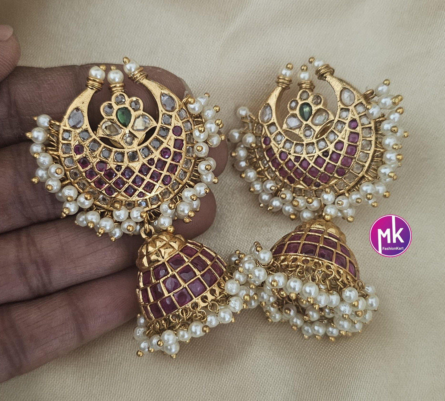 Kemp Stone Premium Quality premium polish (very) Big chandbali Jhumka with pearl hanging - MK Fashionkart - Fashion Jewelry - MK Fashionkart
