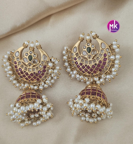 Kemp Stone Premium Quality premium polish (very) Big chandbali Jhumka with pearl hanging - MK Fashionkart - Fashion Jewelry - MK Fashionkart