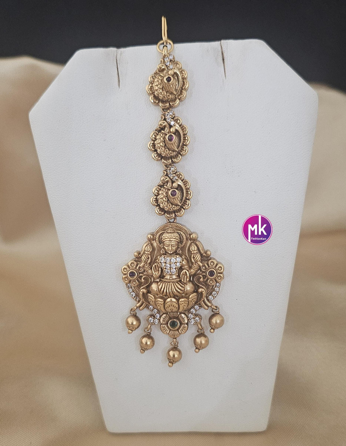 Nakshi design matte gold finish CZ/AD stones with gold ball hanging hangings Tikka/Nethichutti - MK Fashionkart - Fashion Jewelry