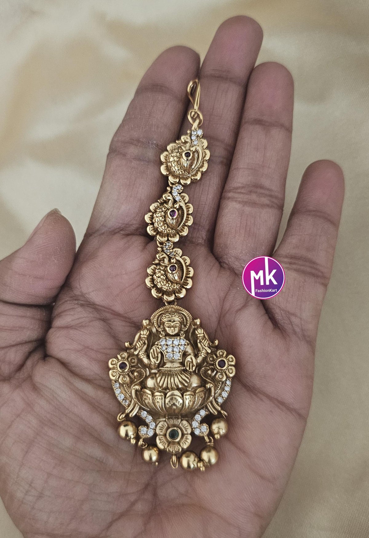 Nakshi design matte gold finish CZ/AD stones with gold ball hanging hangings Tikka/Nethichutti - MK Fashionkart - Fashion Jewelry