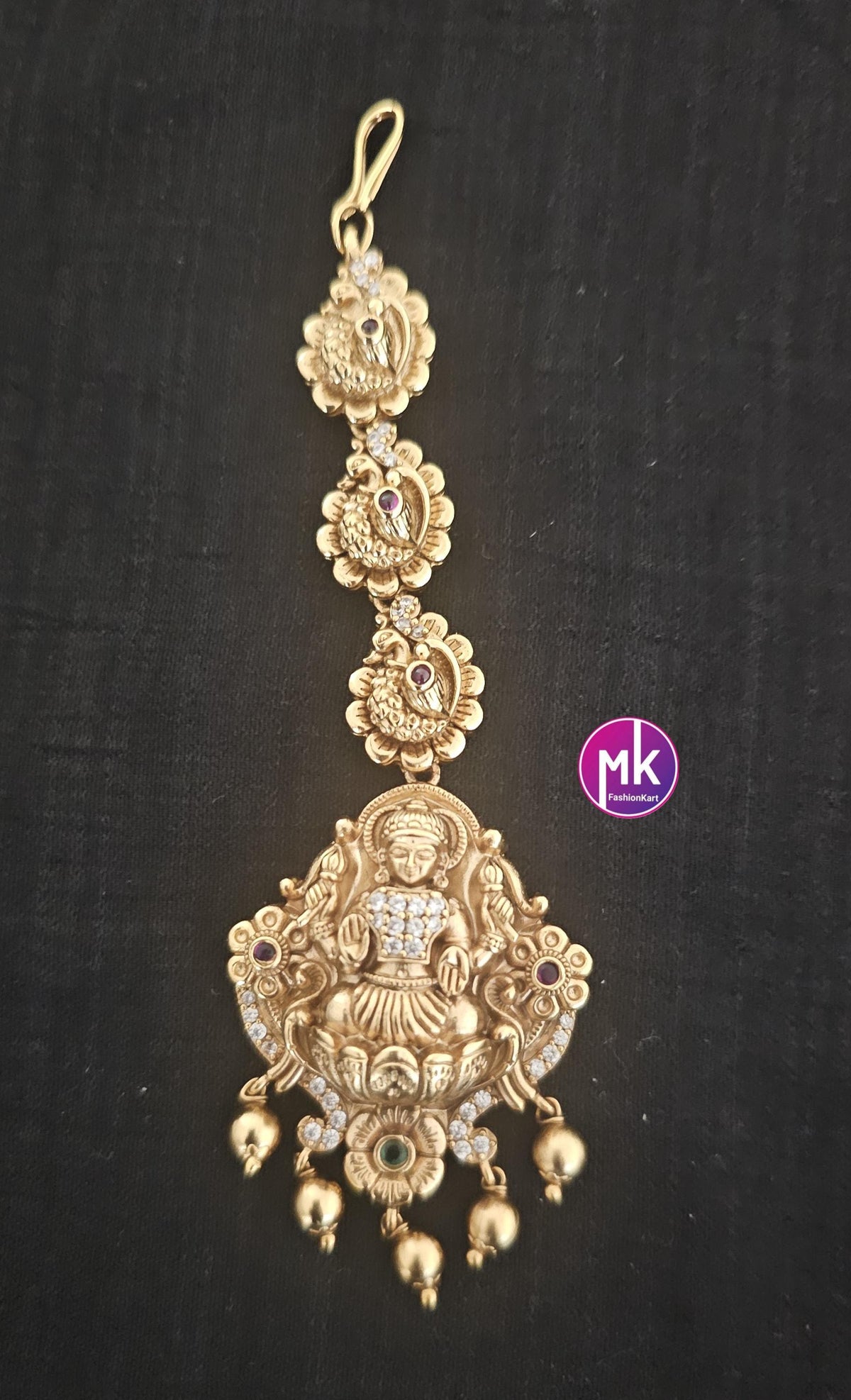 Nakshi design matte gold finish CZ/AD stones with gold ball hanging hangings Tikka/Nethichutti - MK Fashionkart - Fashion Jewelry