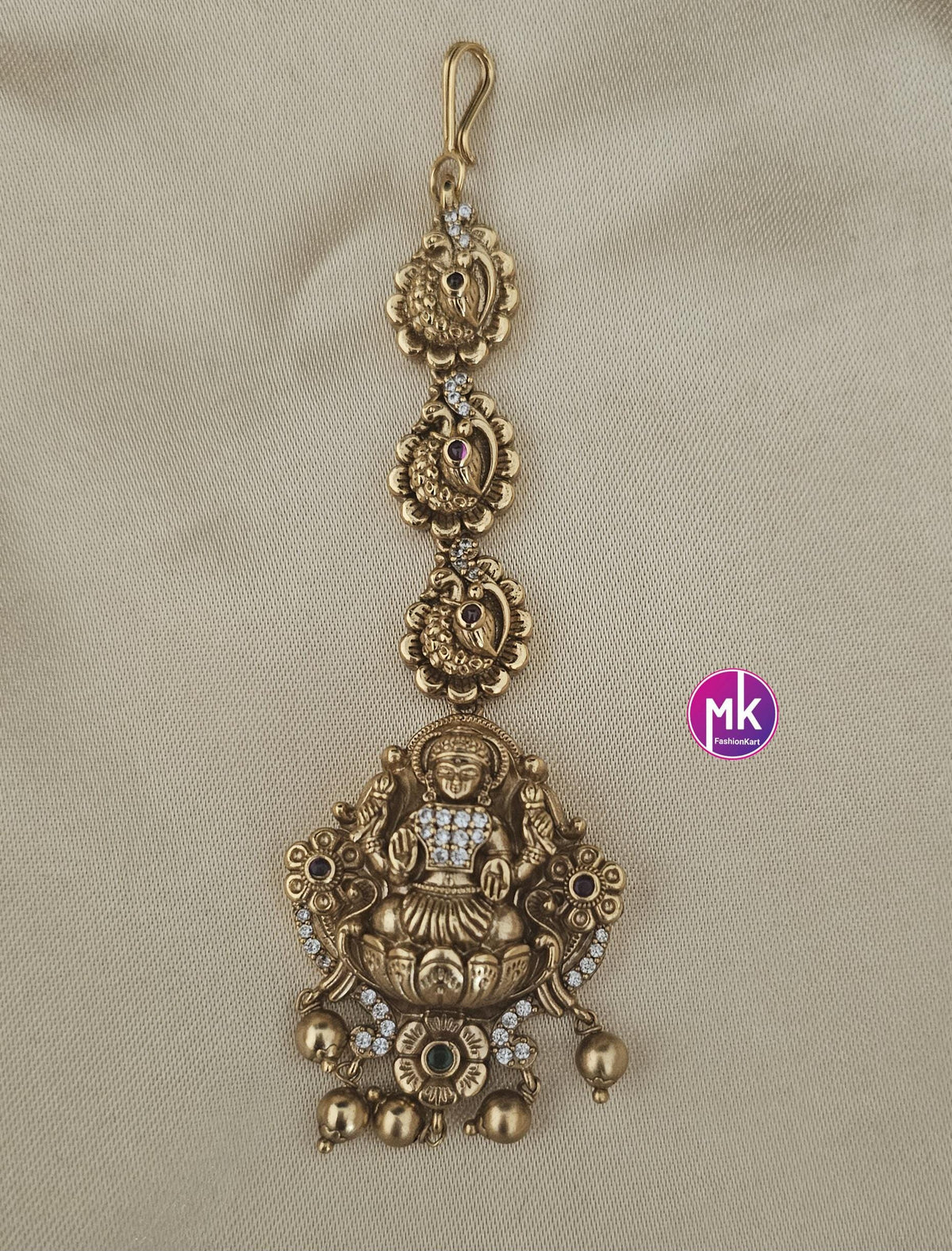 Nakshi design matte gold finish CZ/AD stones with gold ball hanging hangings Tikka/Nethichutti - MK Fashionkart - Fashion Jewelry