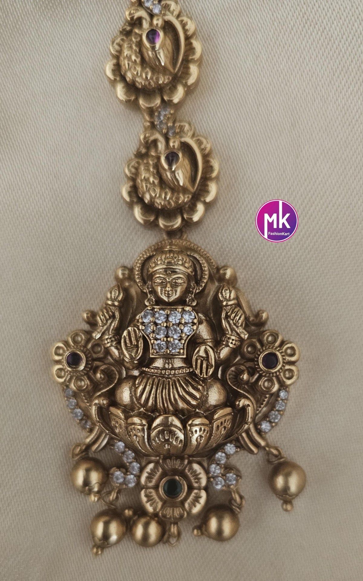 Nakshi design matte gold finish CZ/AD stones with gold ball hanging hangings Tikka/Nethichutti - MK Fashionkart - Fashion Jewelry