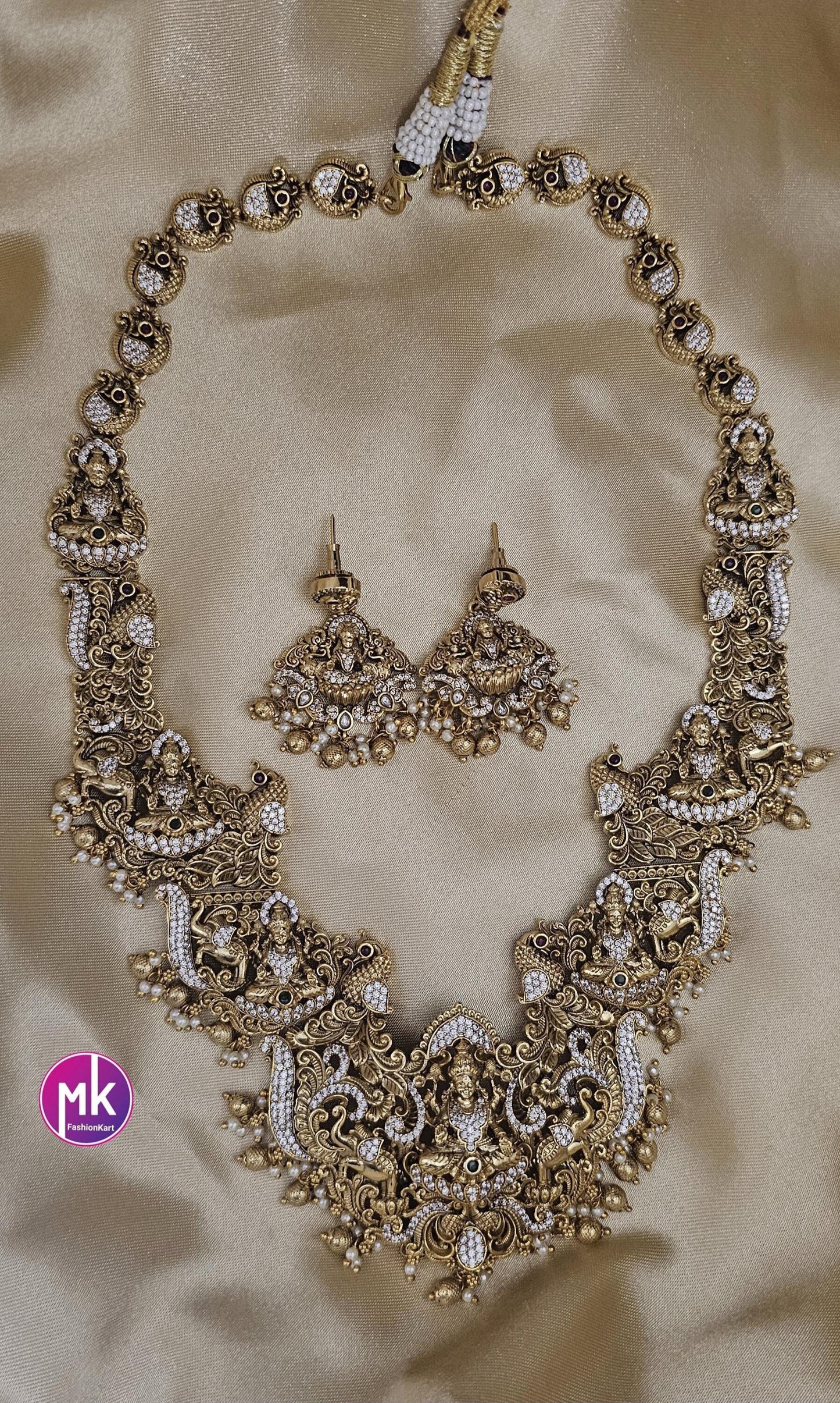 Celebrity Style Nakshi Design CZ/AD Heavy Big Bridal Temple Haram w Big Earring - Bridal Temple Jewelry Haram - MK Fashionkart