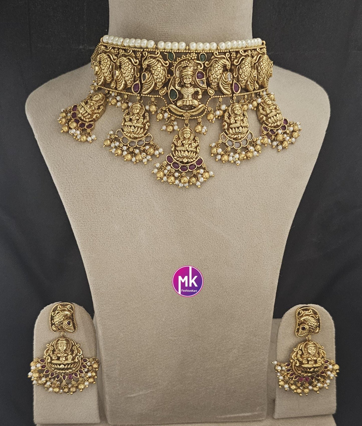 Celebrity Style Nakshi Design CZ/AD Heavy Big Bridal Temple Choker w Big Earring - Bridal Temple Jewelry Choker - MK Fashionkart