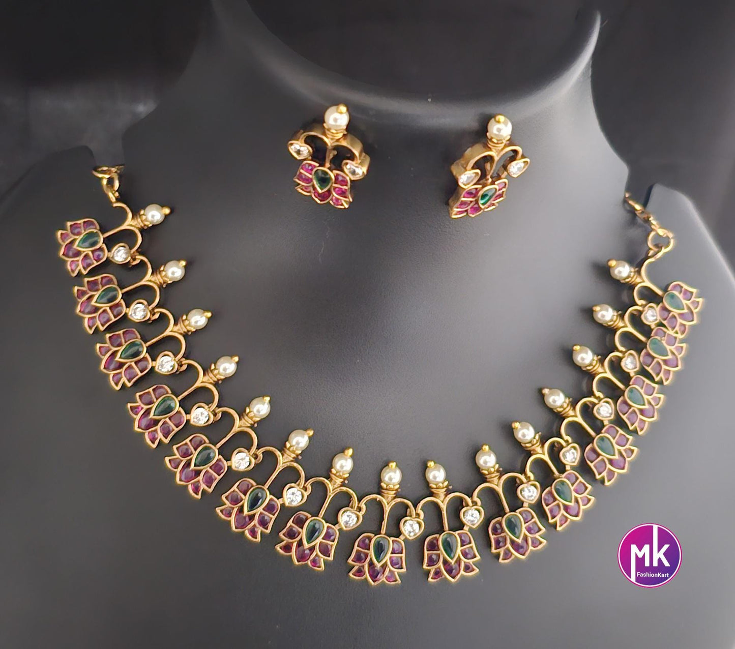 Beautiful Lotus design premium quality Kemp stone Necklace with matching Earrings - Adult cum Teen Necklace - MK Fashionkart