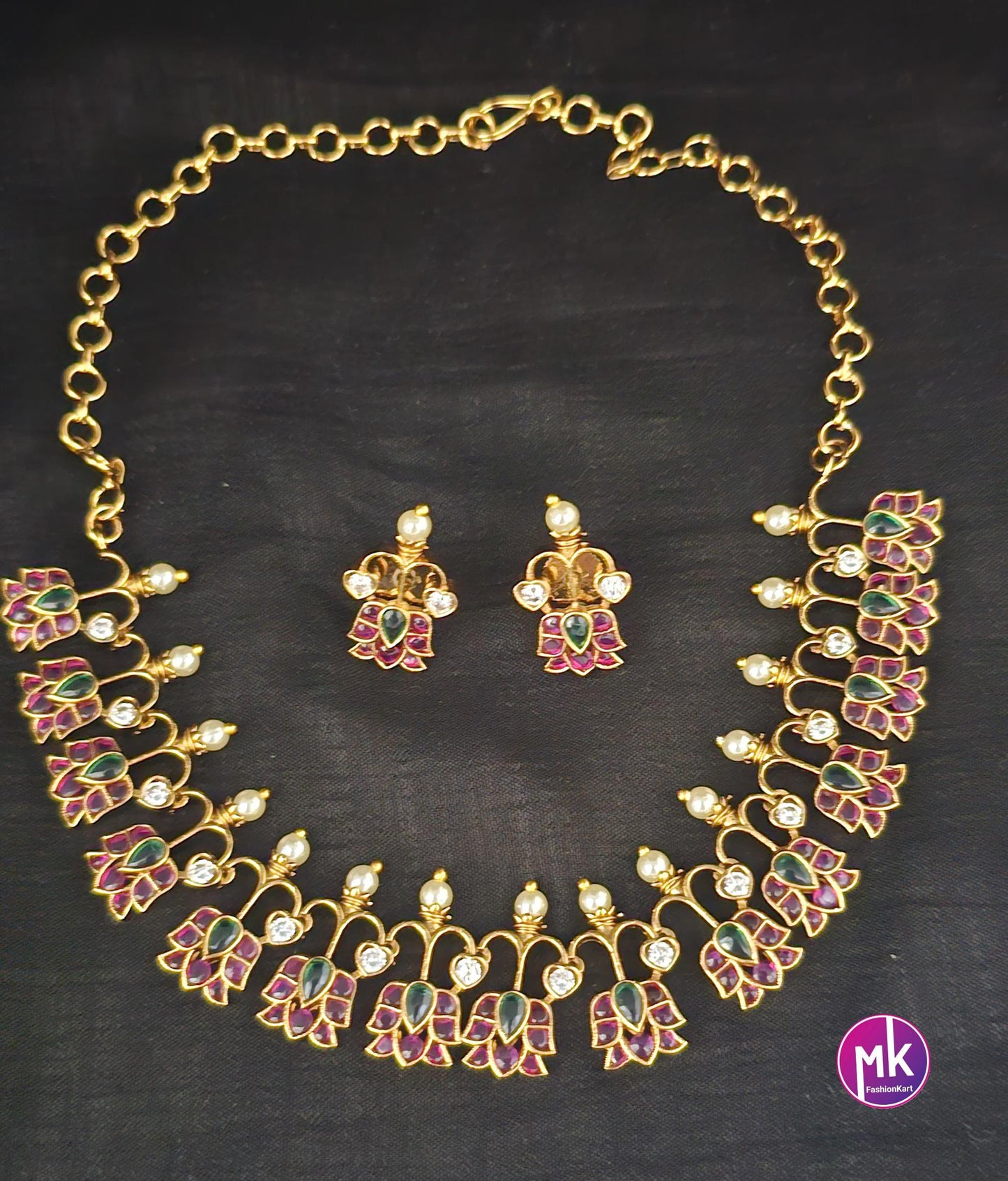 Beautiful Lotus design premium quality Kemp stone Necklace with matching Earrings - Adult cum Teen Necklace - MK Fashionkart