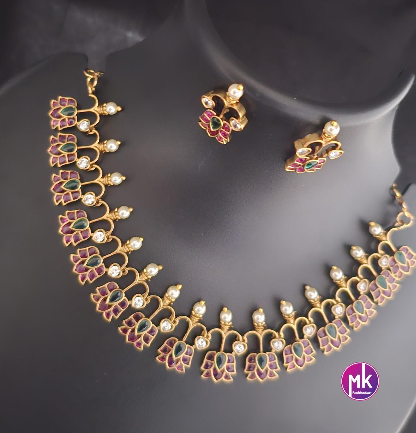 Beautiful Lotus design premium quality Kemp stone Necklace with matching Earrings - Adult cum Teen Necklace - MK Fashionkart
