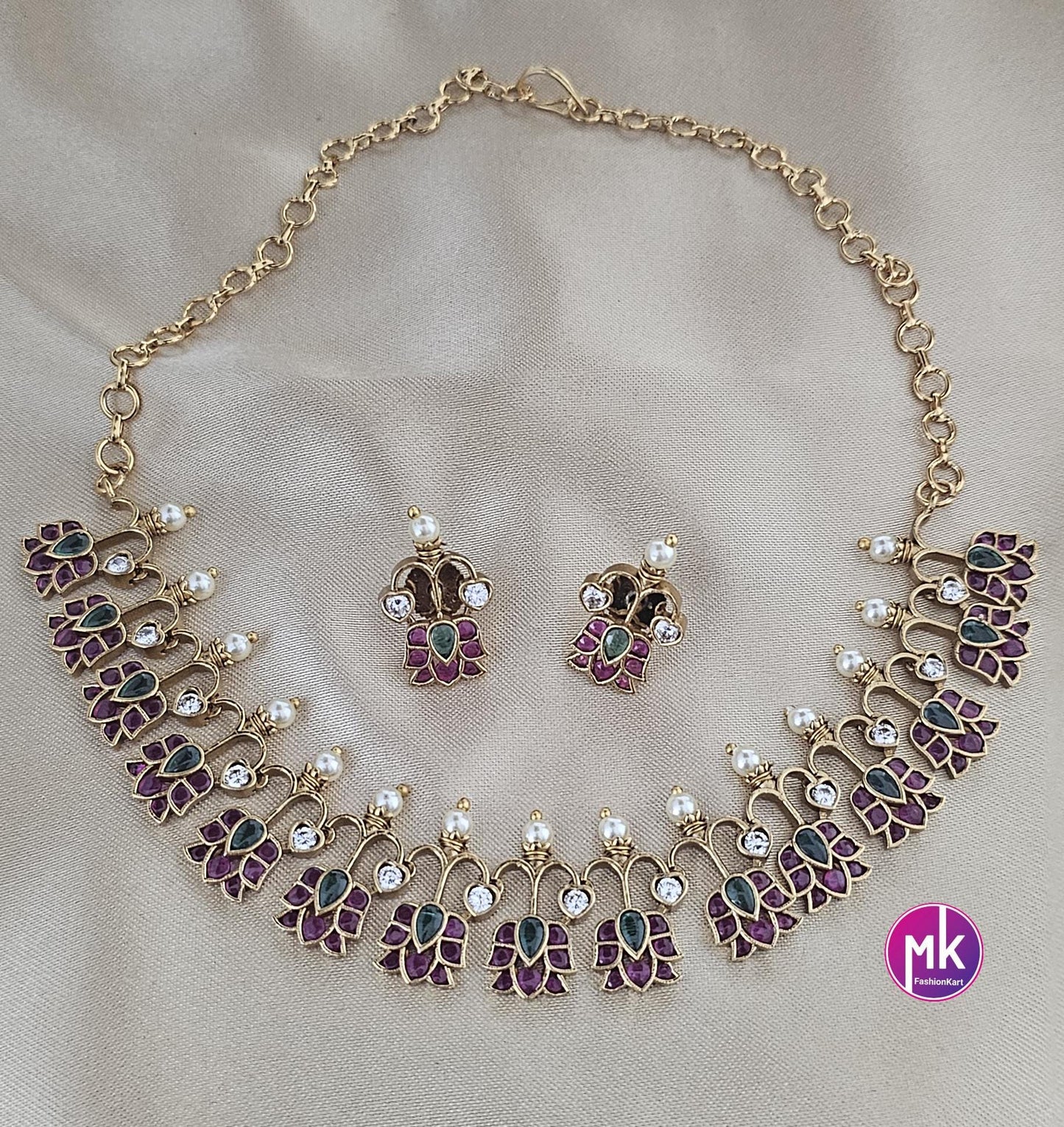 Beautiful Lotus design premium quality Kemp stone Necklace with matching Earrings - Adult cum Teen Necklace - MK Fashionkart