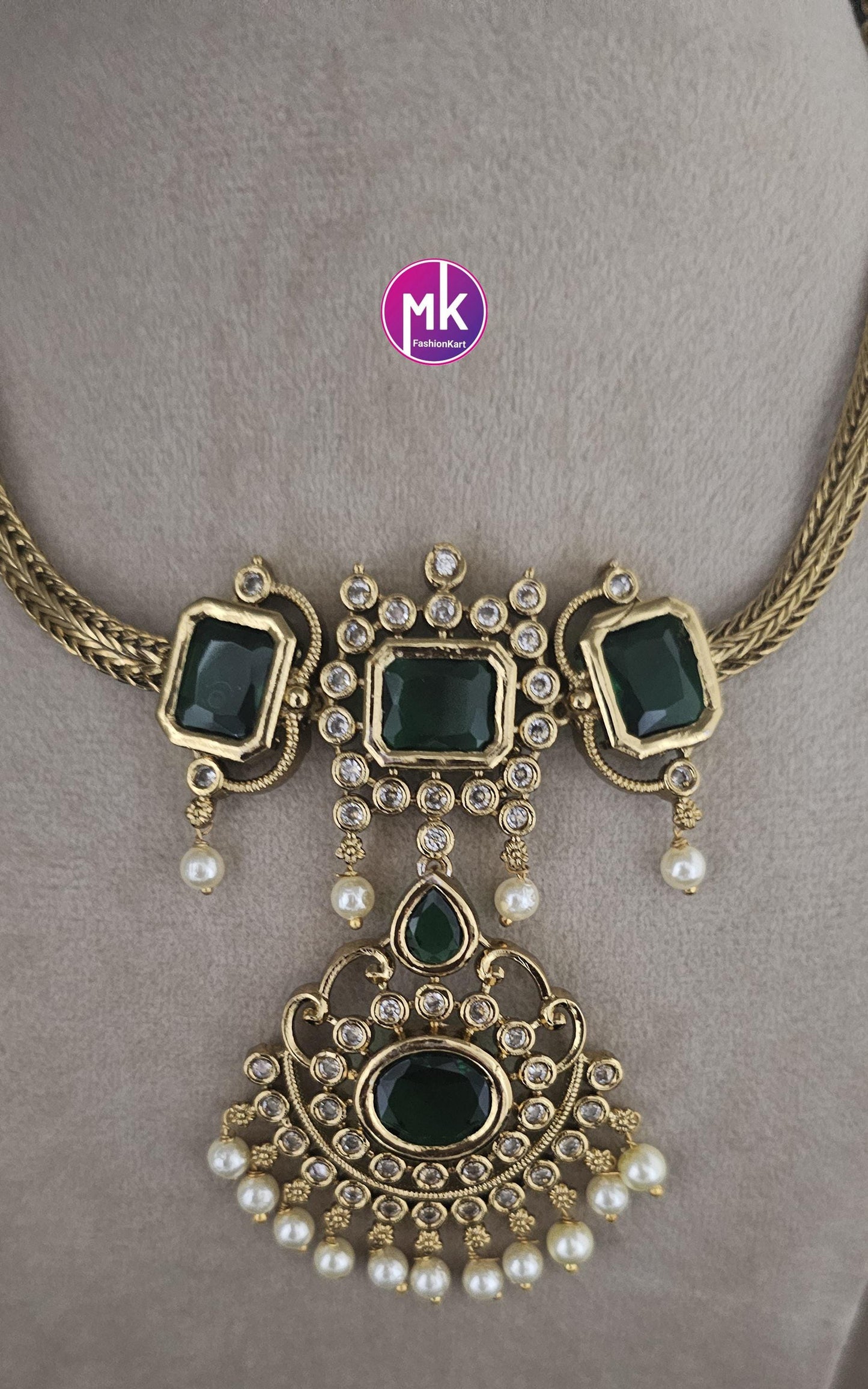 Premium quality Gold finish Emerald and AD stones Necklace with Earrings - MK Fashionkart - Fashion Jewelry