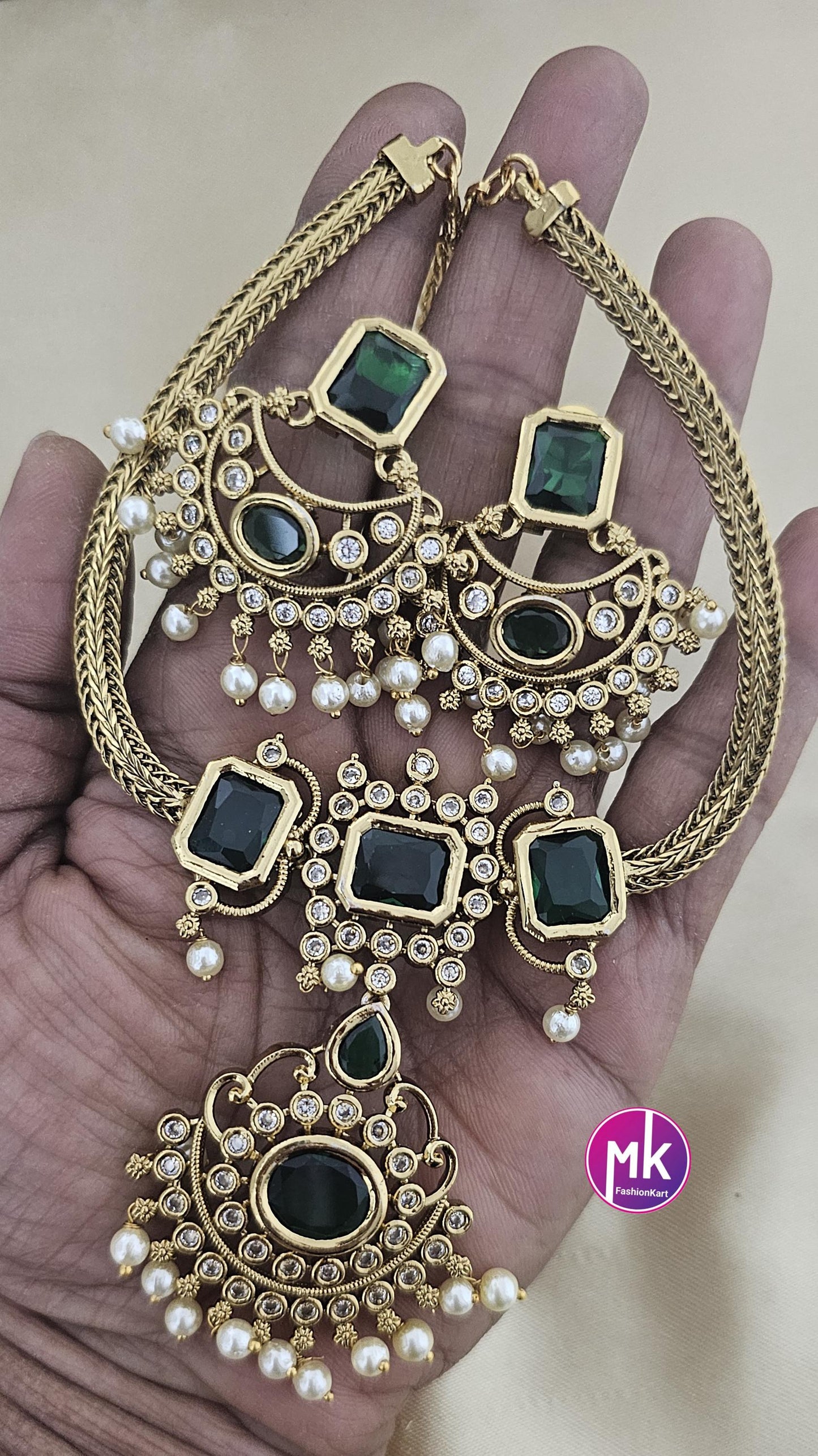 Premium quality Gold finish Emerald and AD stones Necklace with Earrings - MK Fashionkart - Fashion Jewelry