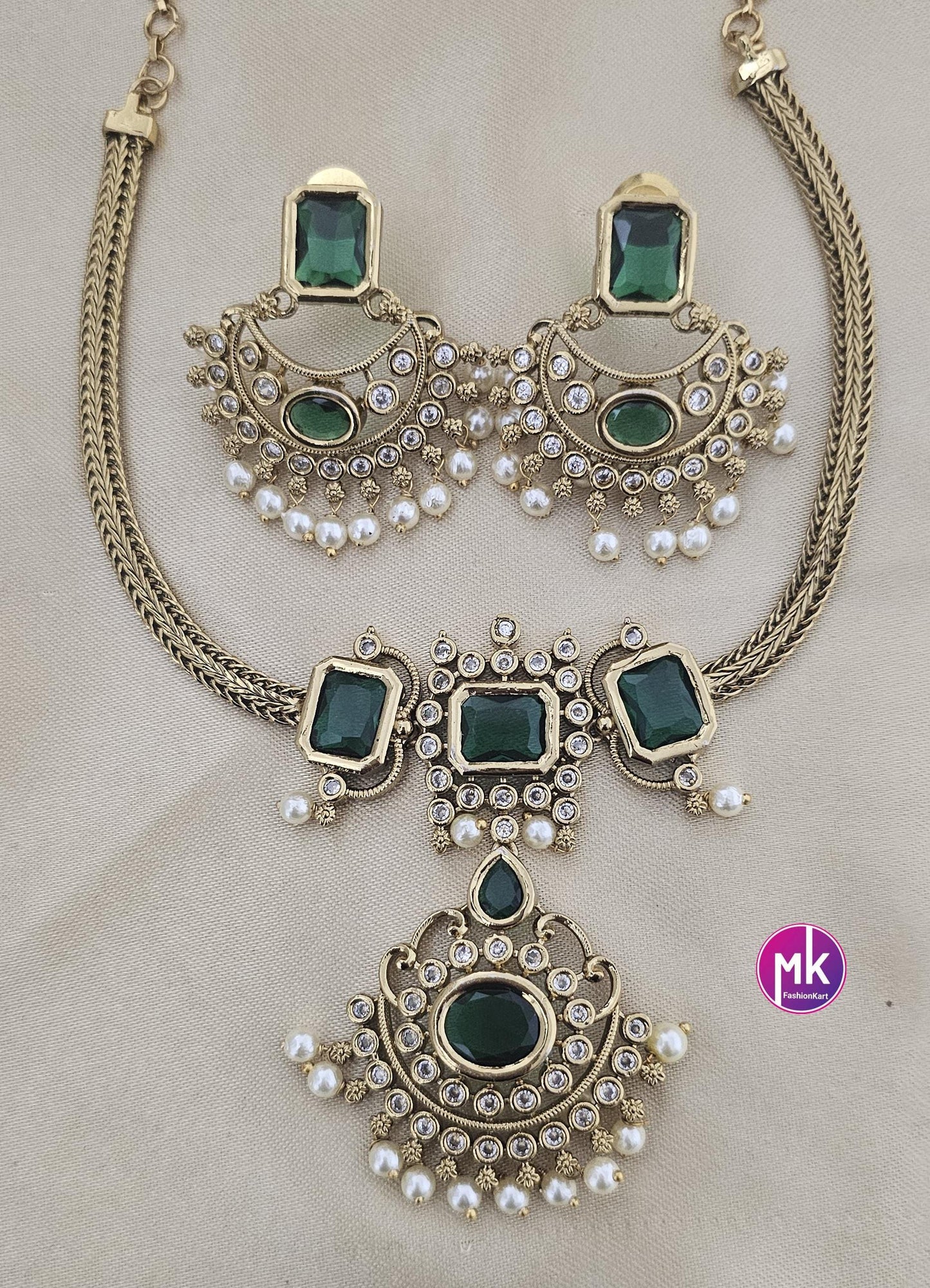 Premium quality Gold finish Emerald and AD stones Necklace with Earrings - MK Fashionkart - Fashion Jewelry