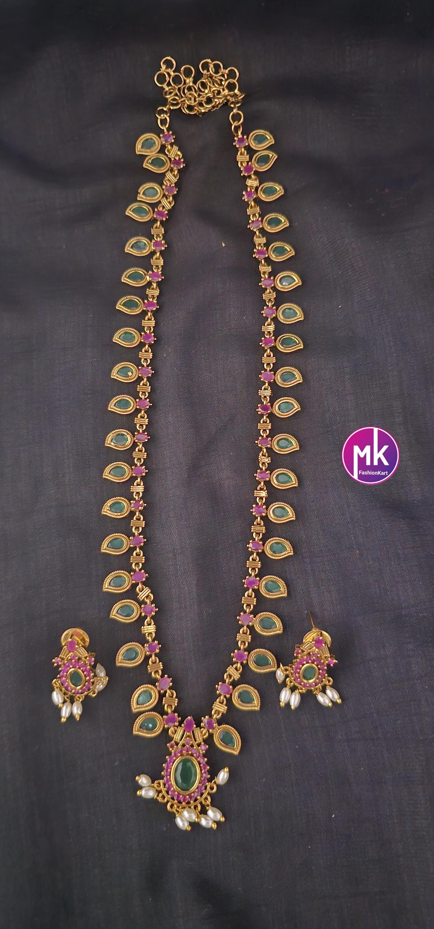 Matte finish Traditional Kerala style Mango Haram w matching Beautiful Earrings - Adult cum Teen Haram - MK Fashionkart - Fashion Jewelry