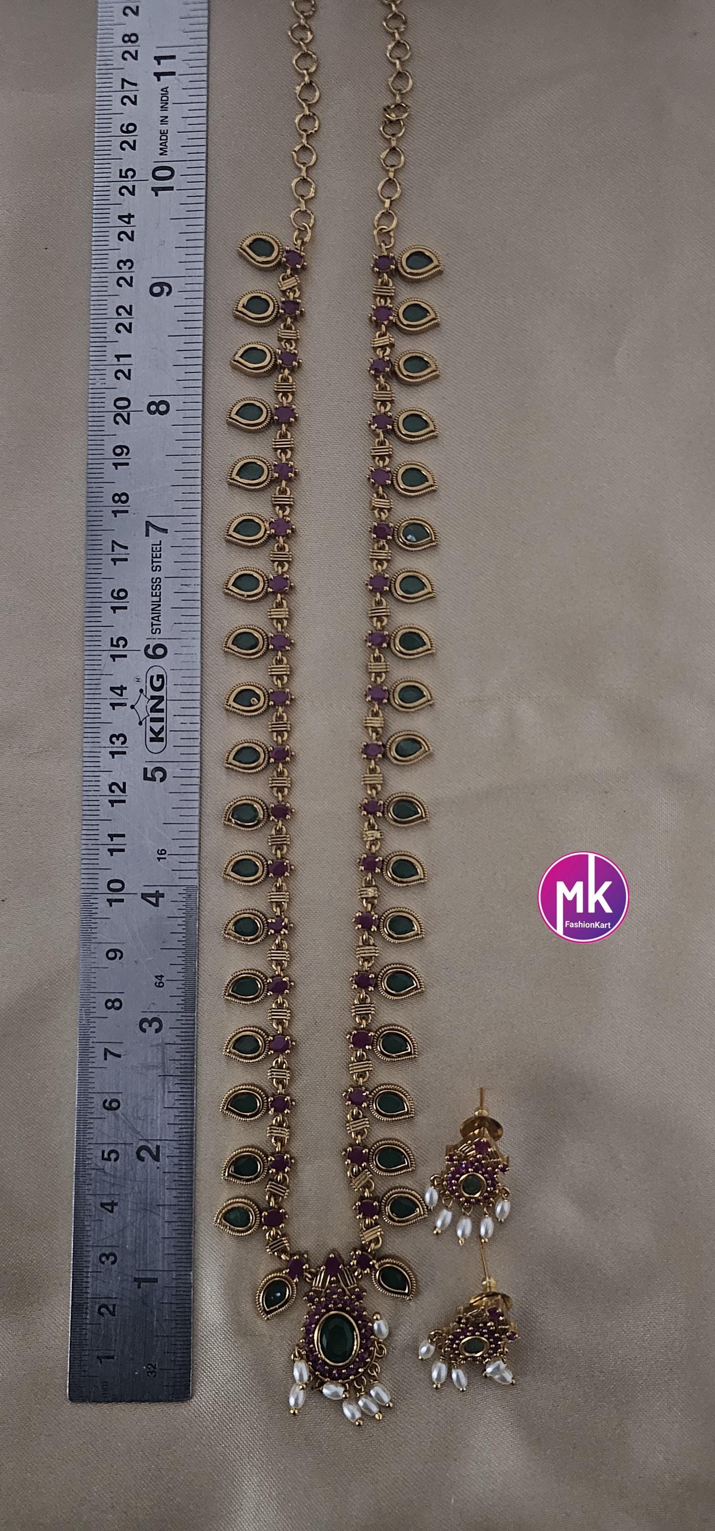 Matte finish Traditional Kerala style Mango Haram w matching Beautiful Earrings - Adult cum Teen Haram - MK Fashionkart - Fashion Jewelry