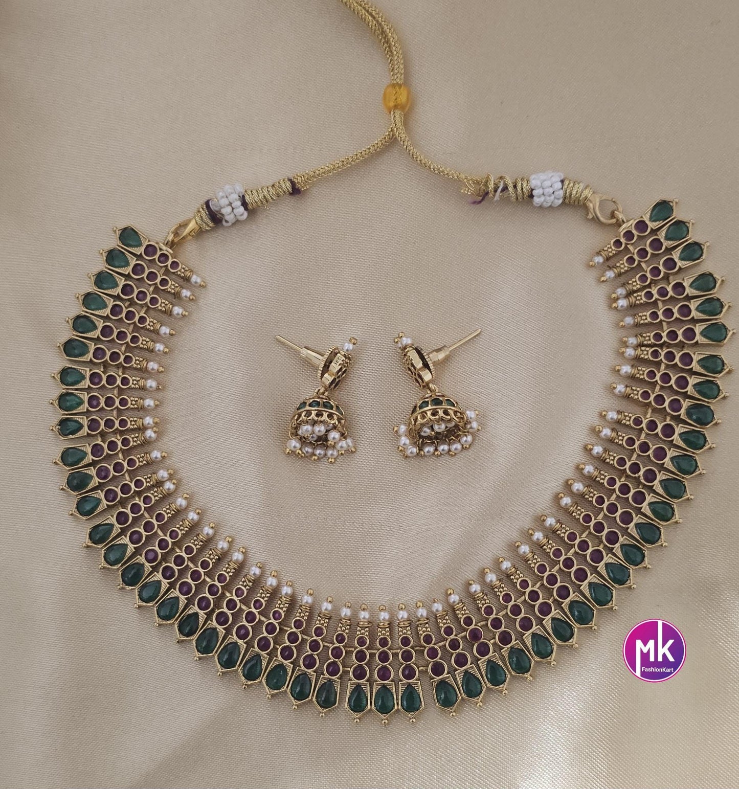 Celebrity Style Premium Quality Matte gold finish Choker cum Necklace with AD stones and cute Jhumka - Bridal Jewelry - MK Fashionkart