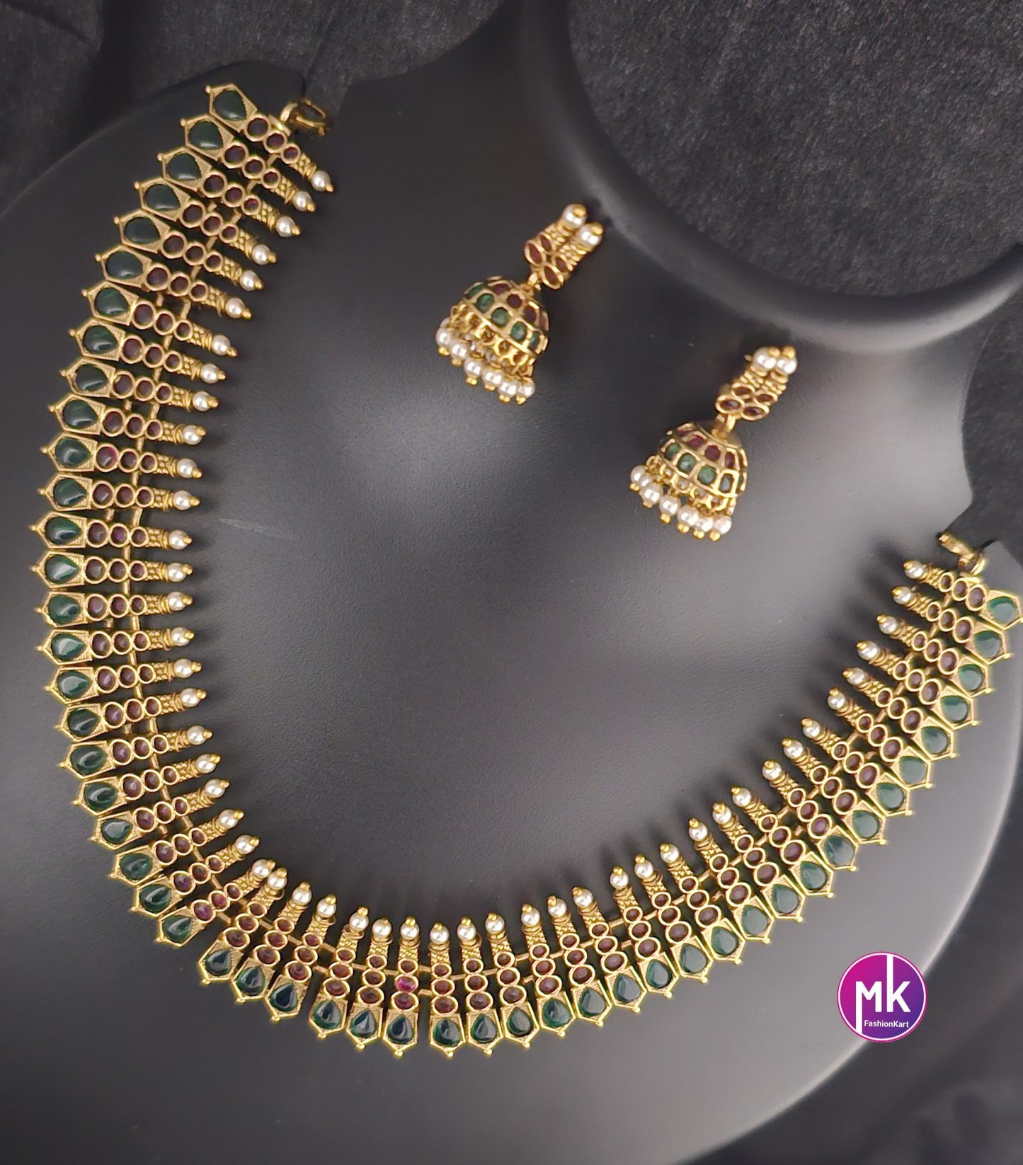 Celebrity Style Premium Quality Matte gold finish Choker cum Necklace with AD stones and cute Jhumka - Bridal Jewelry - MK Fashionkart