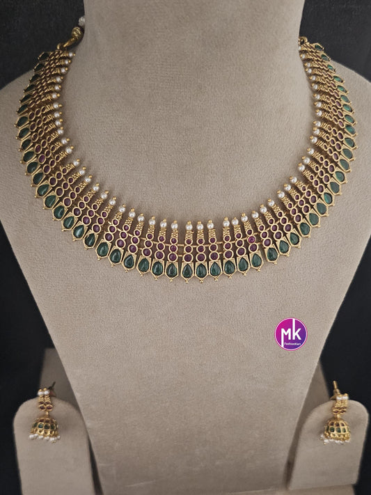 Celebrity Style Premium Quality Matte gold finish Choker cum Necklace with AD stones and cute Jhumka - Bridal Jewelry - MK Fashionkart