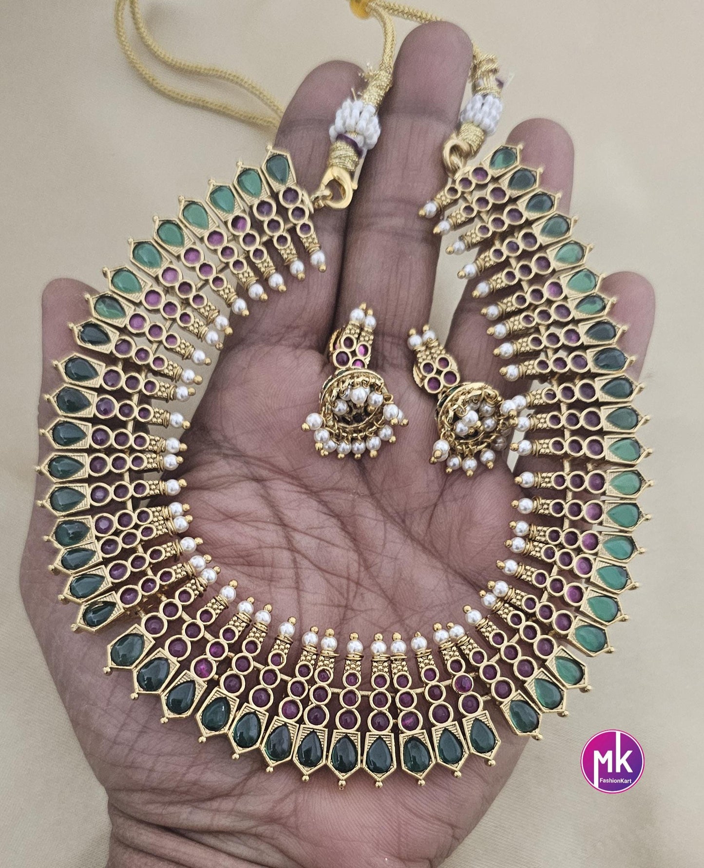 Celebrity Style Premium Quality Matte gold finish Choker cum Necklace with AD stones and cute Jhumka - Bridal Jewelry - MK Fashionkart