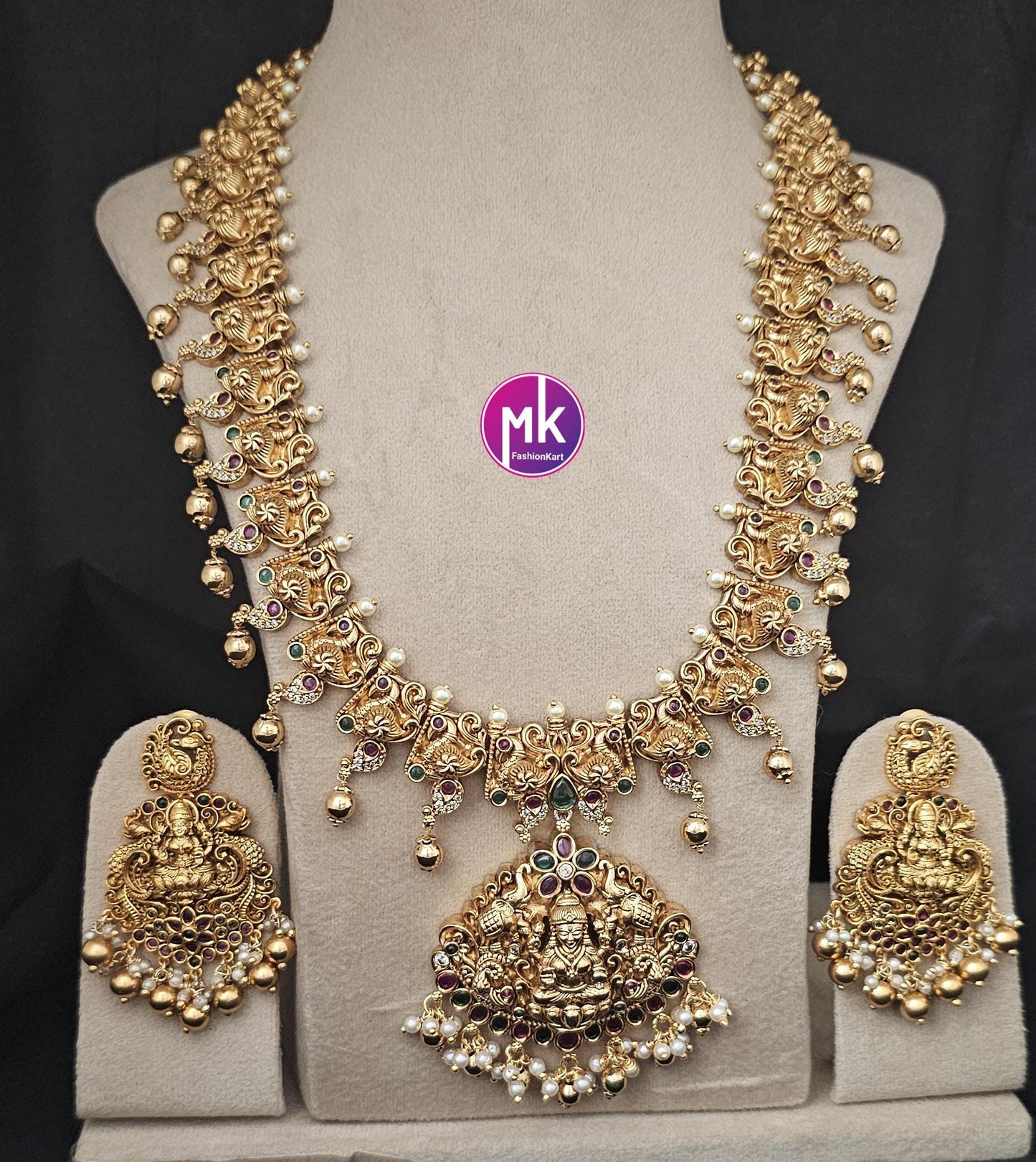 Celebrity Style Temple Jewelry Premium Lakshmi CZ/AD Heavy Big Bridal Haram w Big Earring - Bridal Temple Jewelry Haram - MK Fashionkart