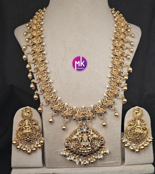 Celebrity Style Temple Jewelry Premium Lakshmi CZ/AD Heavy Big Bridal Haram w Big Earring - Bridal Temple Jewelry Haram - MK Fashionkart