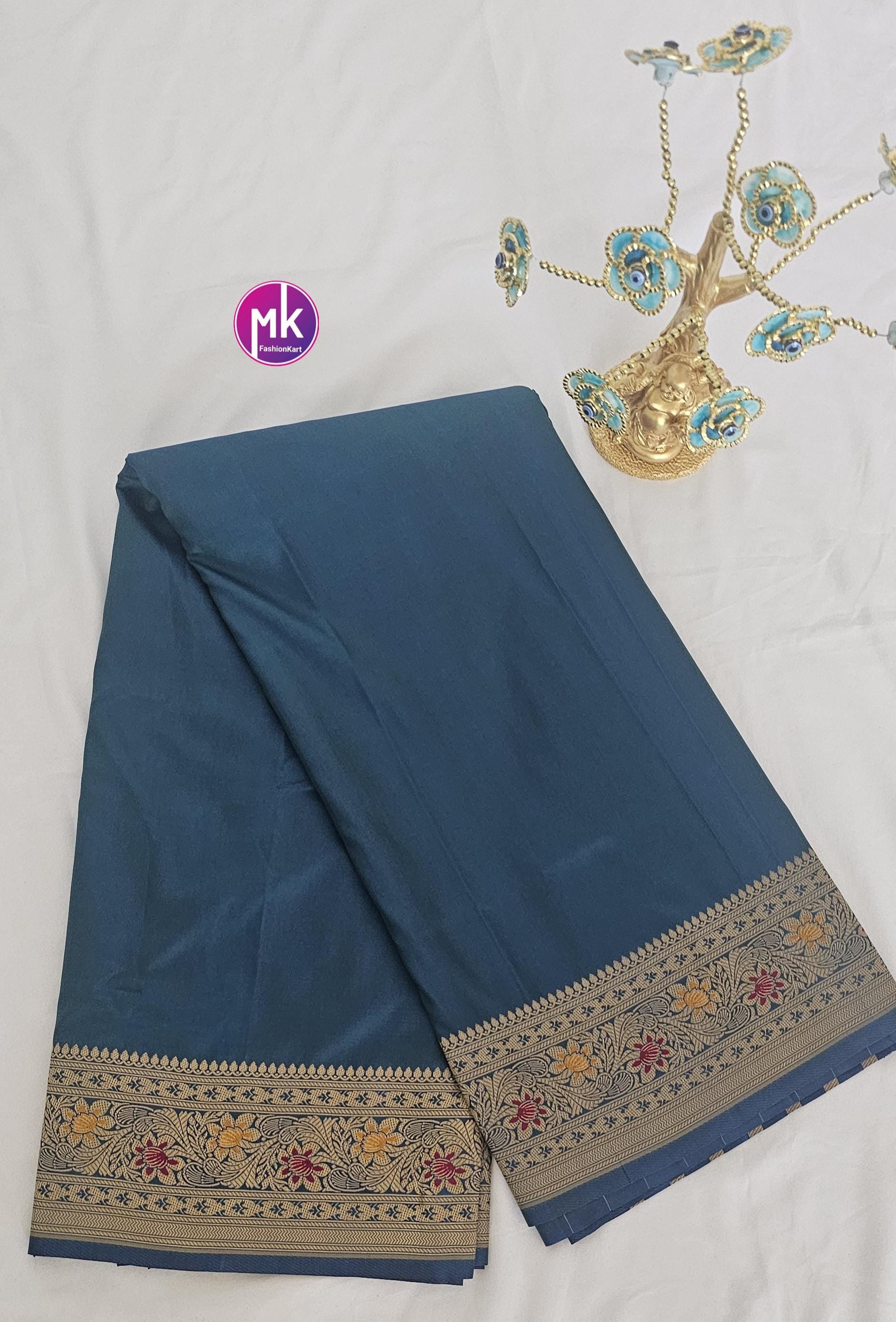 Beautiful pure Katan Silk Banarasi Soft Silk Saree with Golden border - Body plain Color - Peacock Blue with gold saree - MK Fashionkart