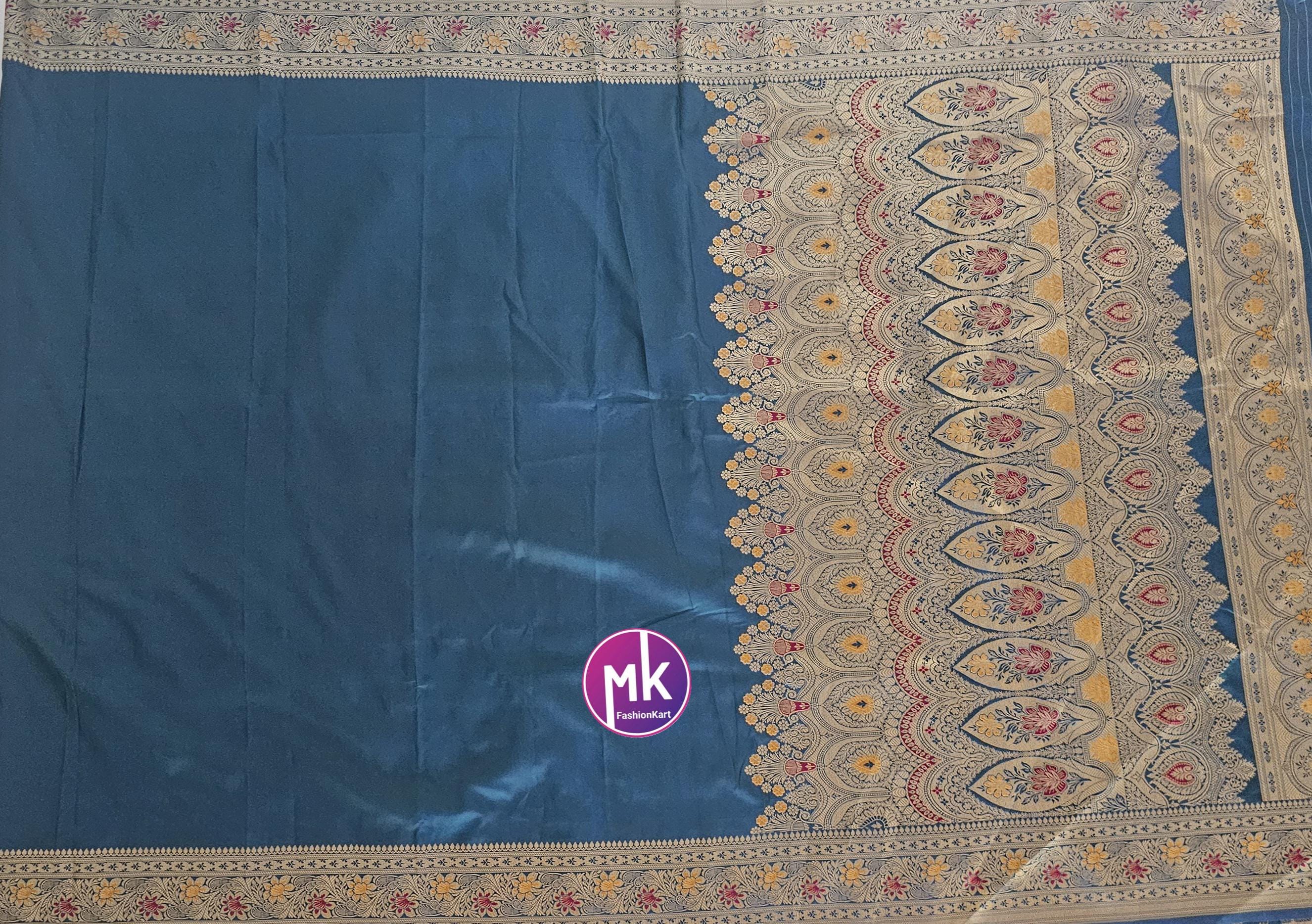 Beautiful pure Katan Silk Banarasi Soft Silk Saree with Golden border - Body plain Color - Peacock Blue with gold saree - MK Fashionkart