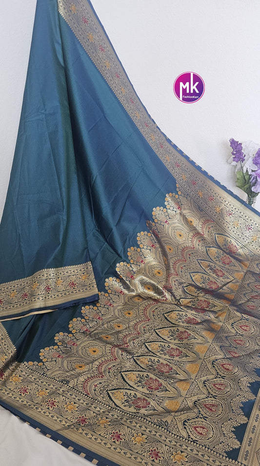 Beautiful pure Katan Silk Banarasi Soft Silk Saree with Golden border - Body plain Color - Peacock Blue with gold saree - MK Fashionkart