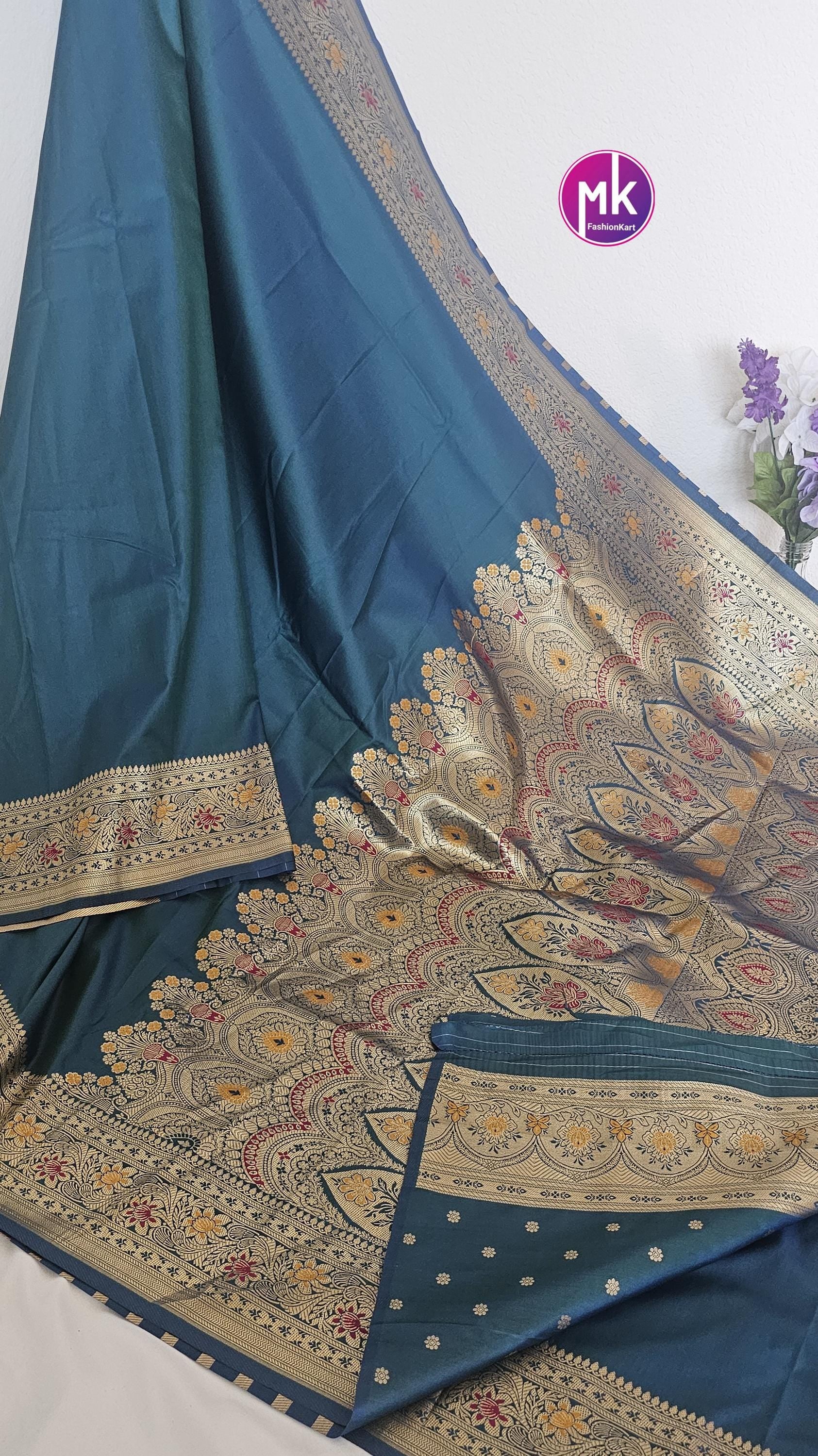 Beautiful pure Katan Silk Banarasi Soft Silk Saree with Golden border - Body plain Color - Peacock Blue with gold saree - MK Fashionkart