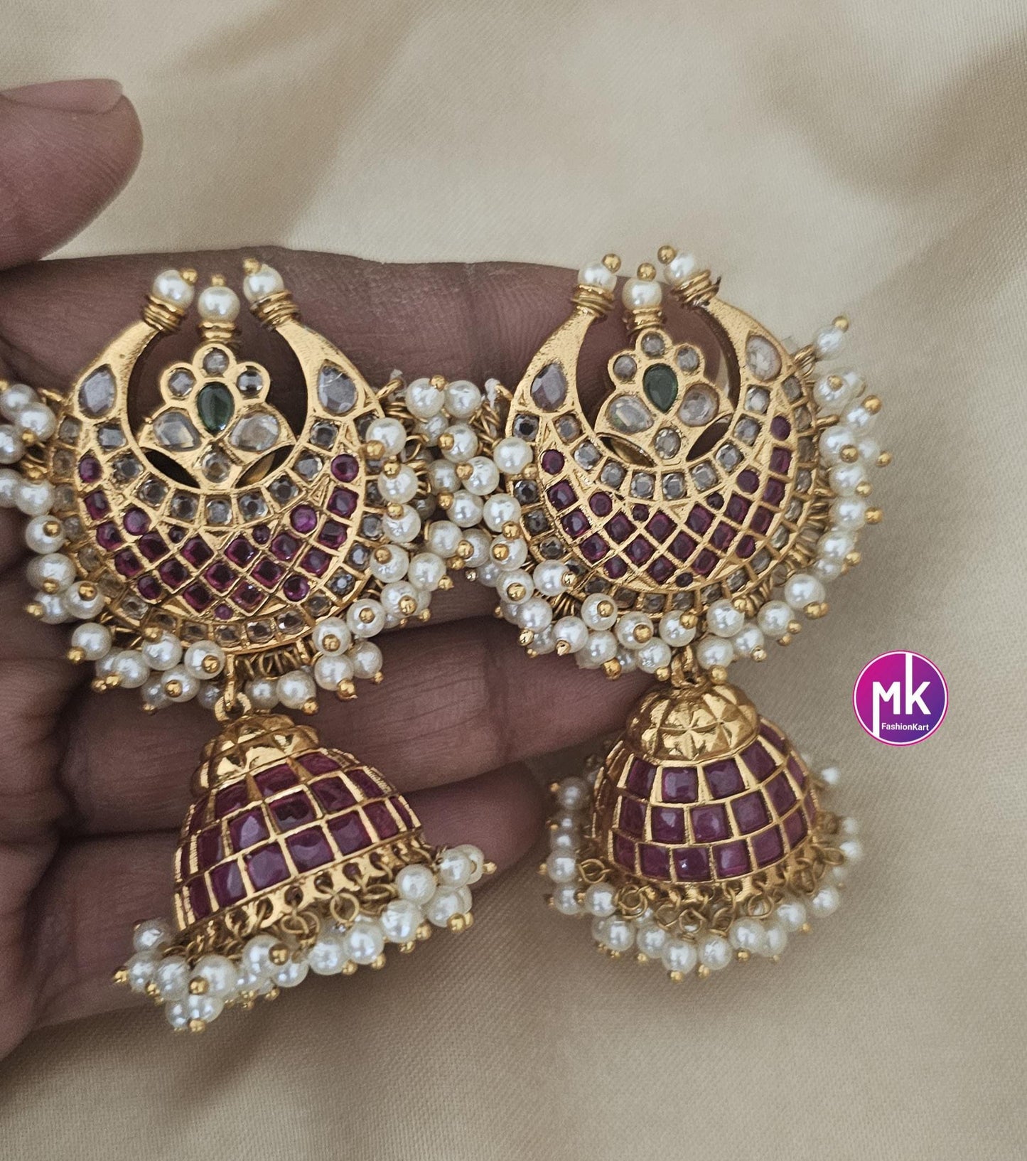 Kemp Stone Premium Quality premium polish (very) Big chandbali Jhumka with pearl hanging - MK Fashionkart - Fashion Jewelry - MK Fashionkart