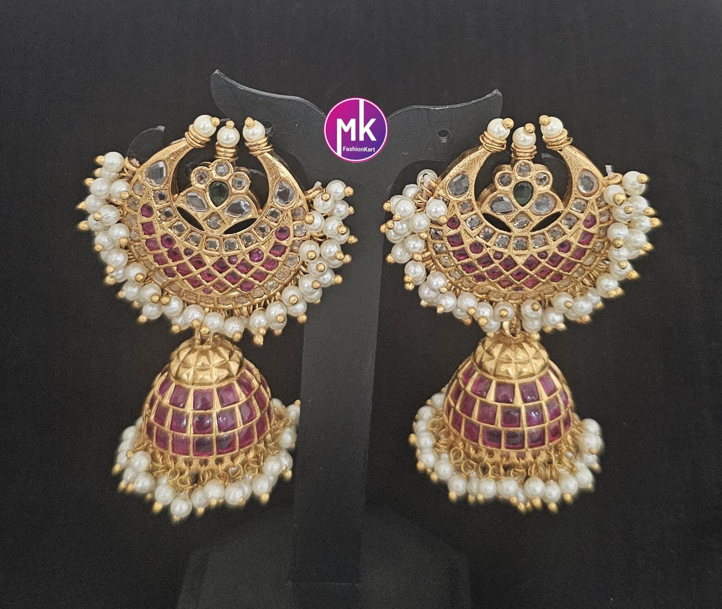 Kemp Stone Premium Quality premium polish (very) Big chandbali Jhumka with pearl hanging - MK Fashionkart - Fashion Jewelry - MK Fashionkart
