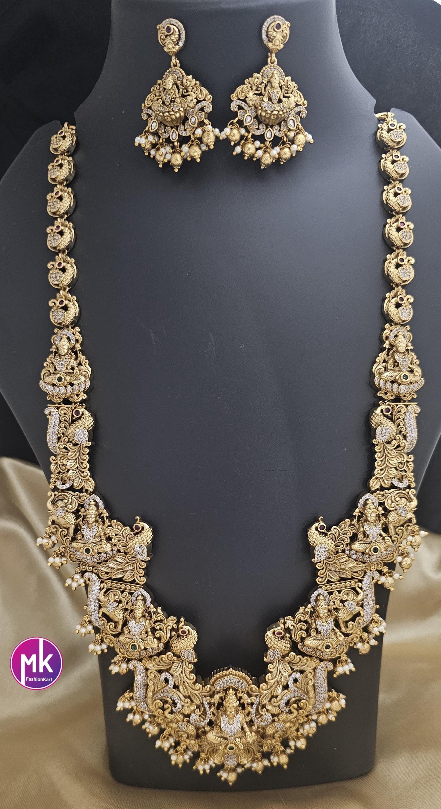 Celebrity Style Nakshi Design CZ/AD Heavy Big Bridal Temple Haram w Big Earring - Bridal Temple Jewelry Haram - MK Fashionkart