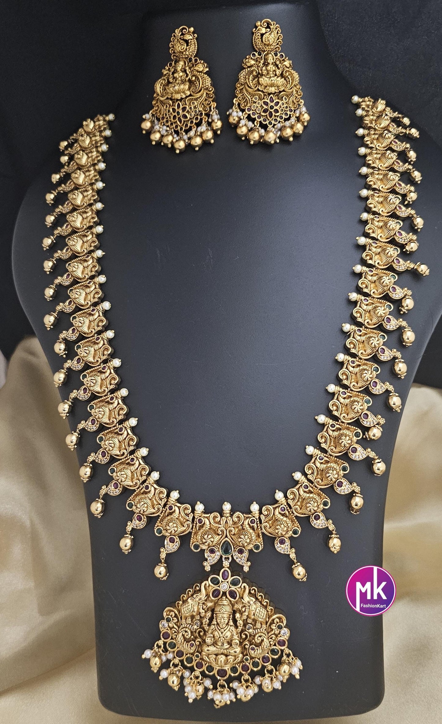 Celebrity Style Temple Jewelry Premium Lakshmi CZ/AD Heavy Big Bridal Haram w Big Earring - Bridal Temple Jewelry Haram - MK Fashionkart