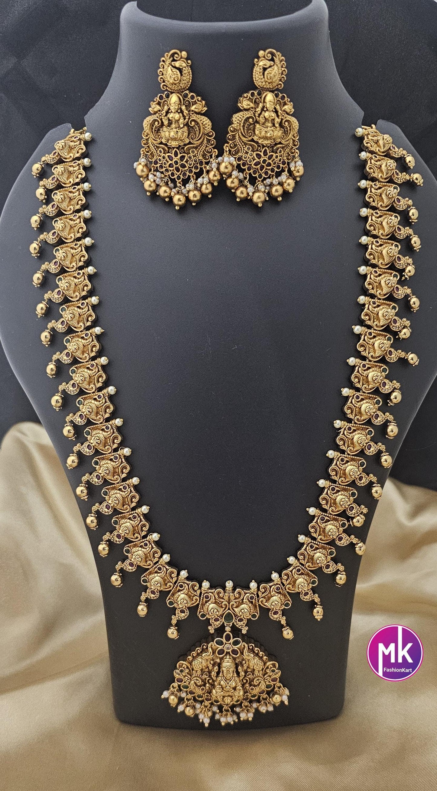 Celebrity Style Temple Jewelry Premium Lakshmi CZ/AD Heavy Big Bridal Haram w Big Earring - Bridal Temple Jewelry Haram - MK Fashionkart