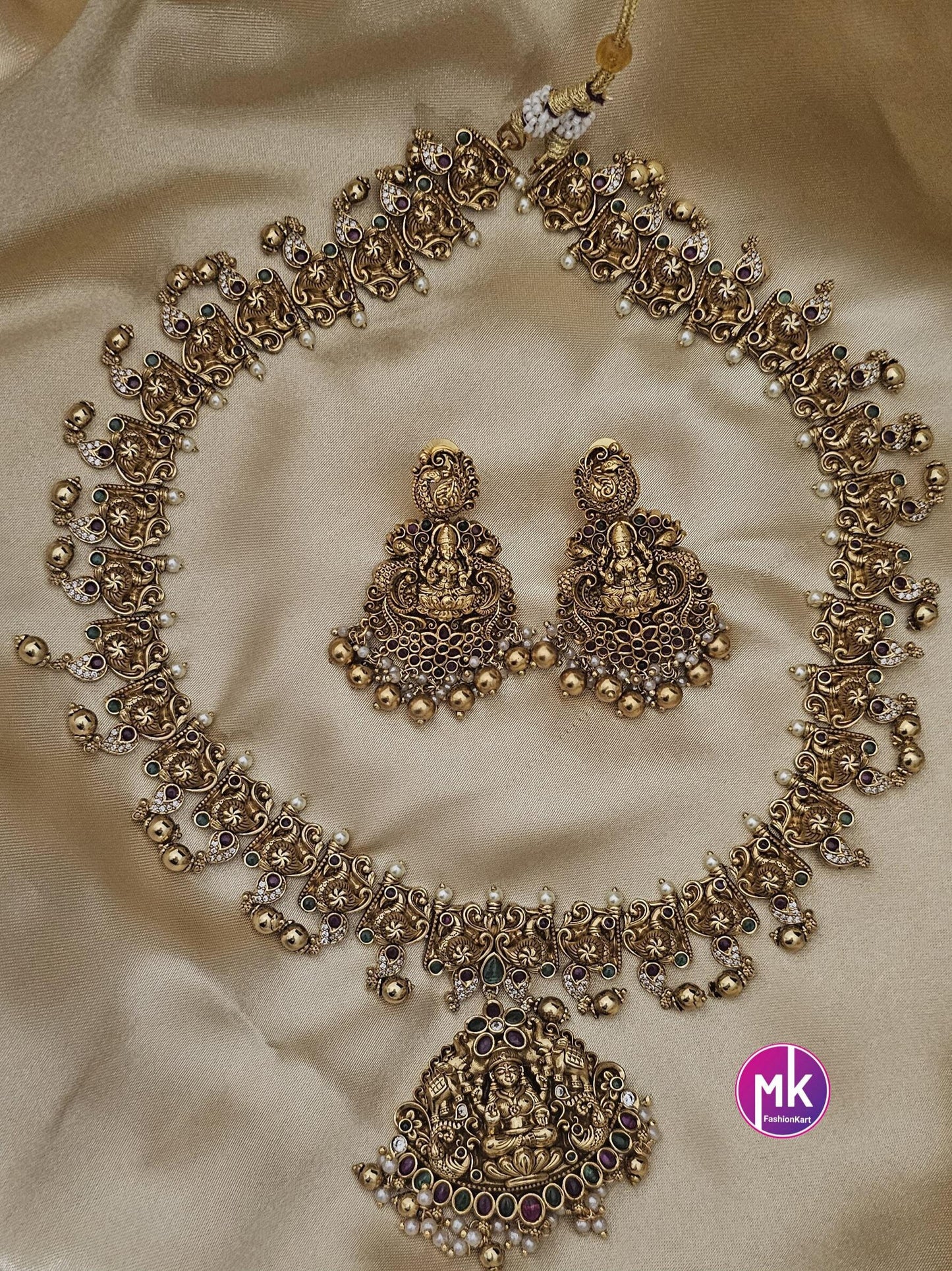 Celebrity Style Temple Jewelry Premium Lakshmi CZ/AD Heavy Big Bridal Haram w Big Earring - Bridal Temple Jewelry Haram - MK Fashionkart