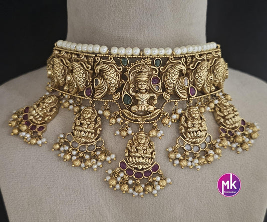 Celebrity Style Nakshi Design CZ/AD Heavy Big Bridal Temple Choker w Big Earring - Bridal Temple Jewelry Choker - MK Fashionkart