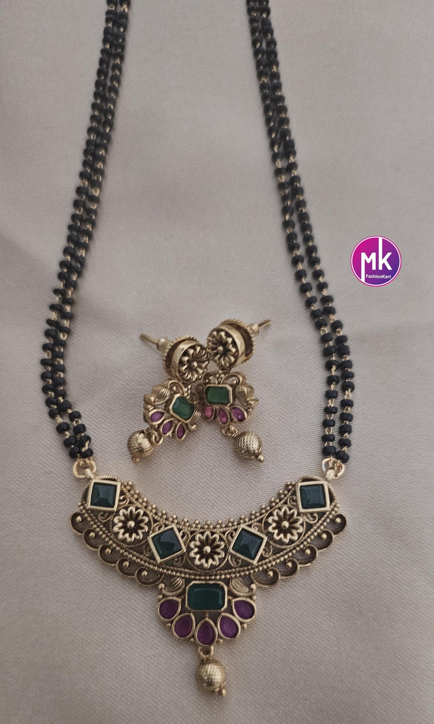 Premium quality AD Stone Matte Gold finish Mangalsutra Chain with matching Earrings - MK Fashionkart - Fashion Jewelry