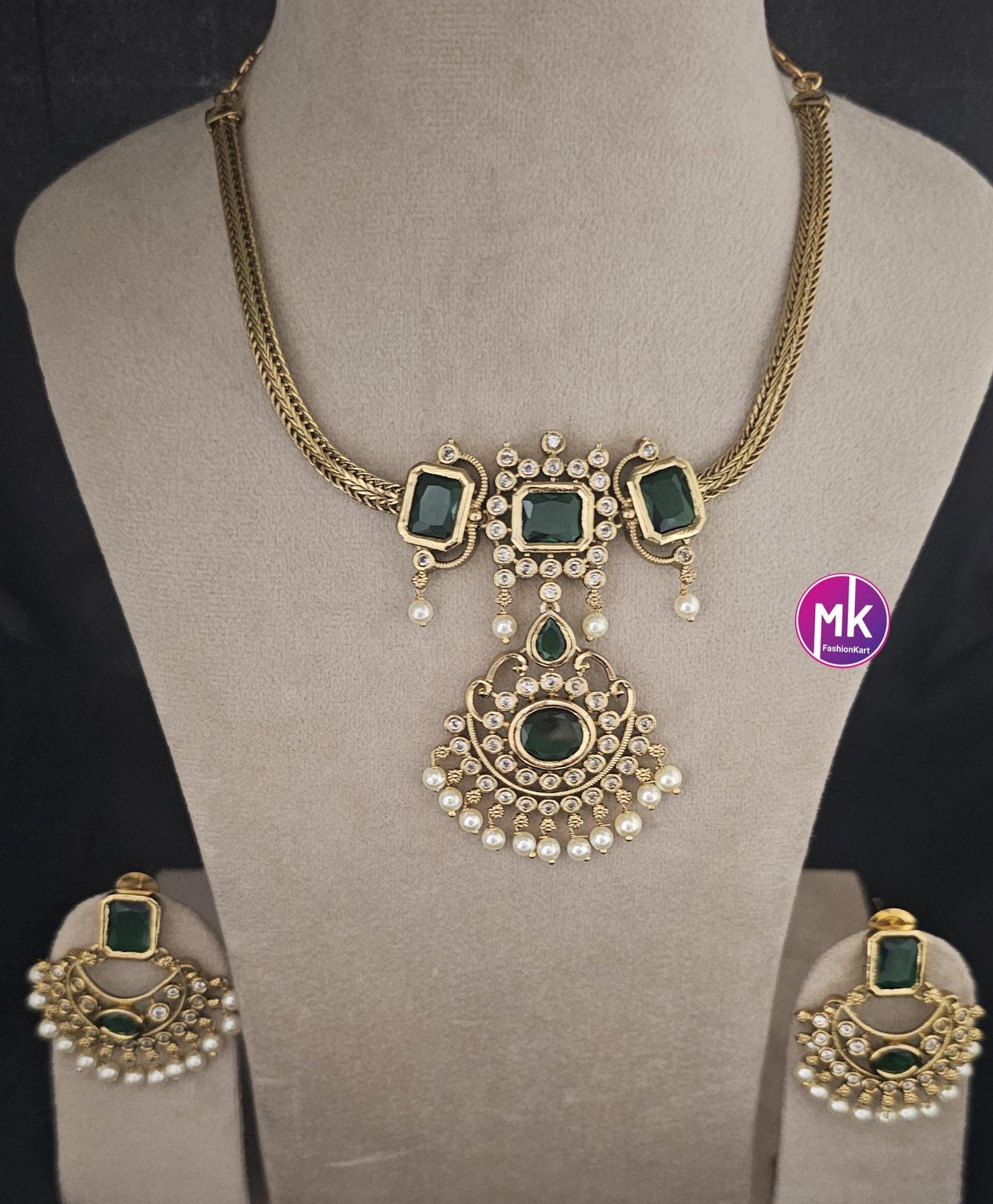 Premium quality Gold finish Emerald and AD stones Necklace with Earrings - MK Fashionkart - Fashion Jewelry