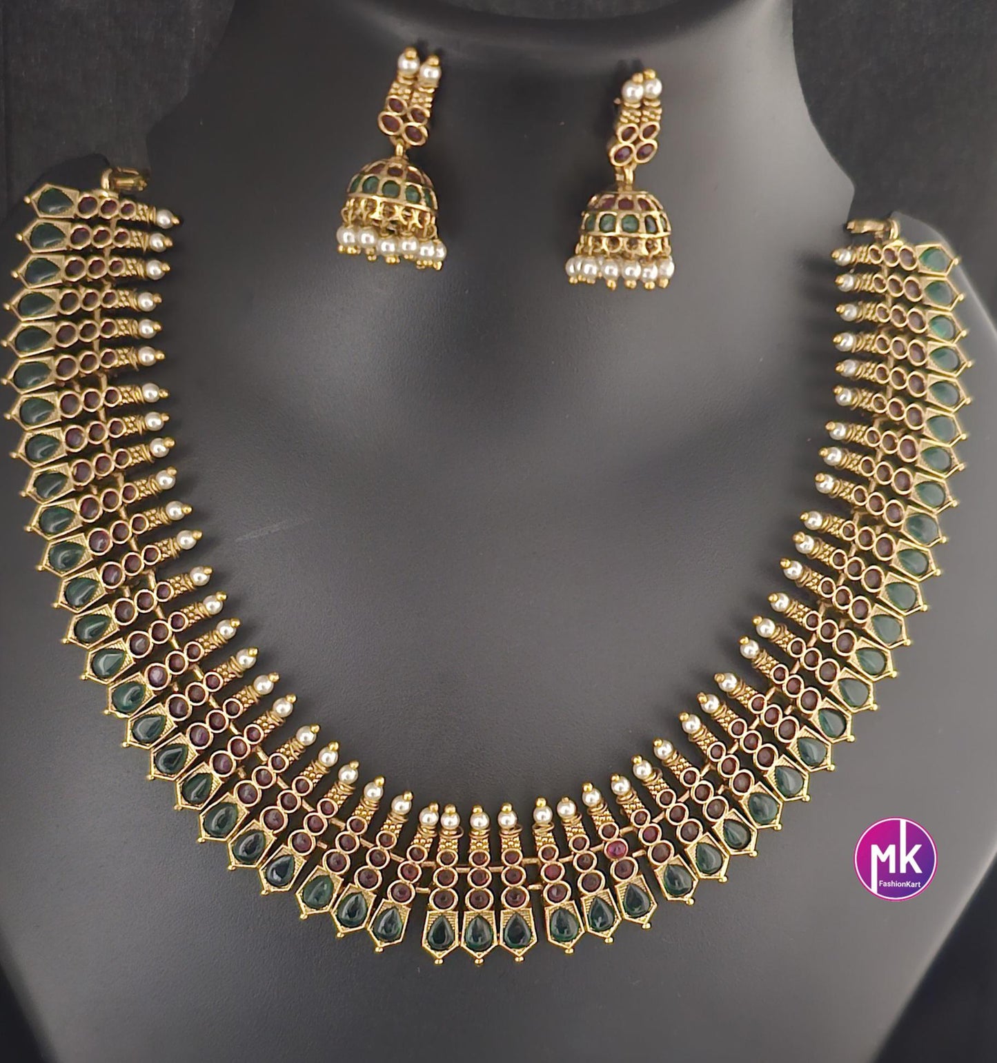 Celebrity Style Premium Quality Matte gold finish Choker cum Necklace with AD stones and cute Jhumka - Bridal Jewelry - MK Fashionkart