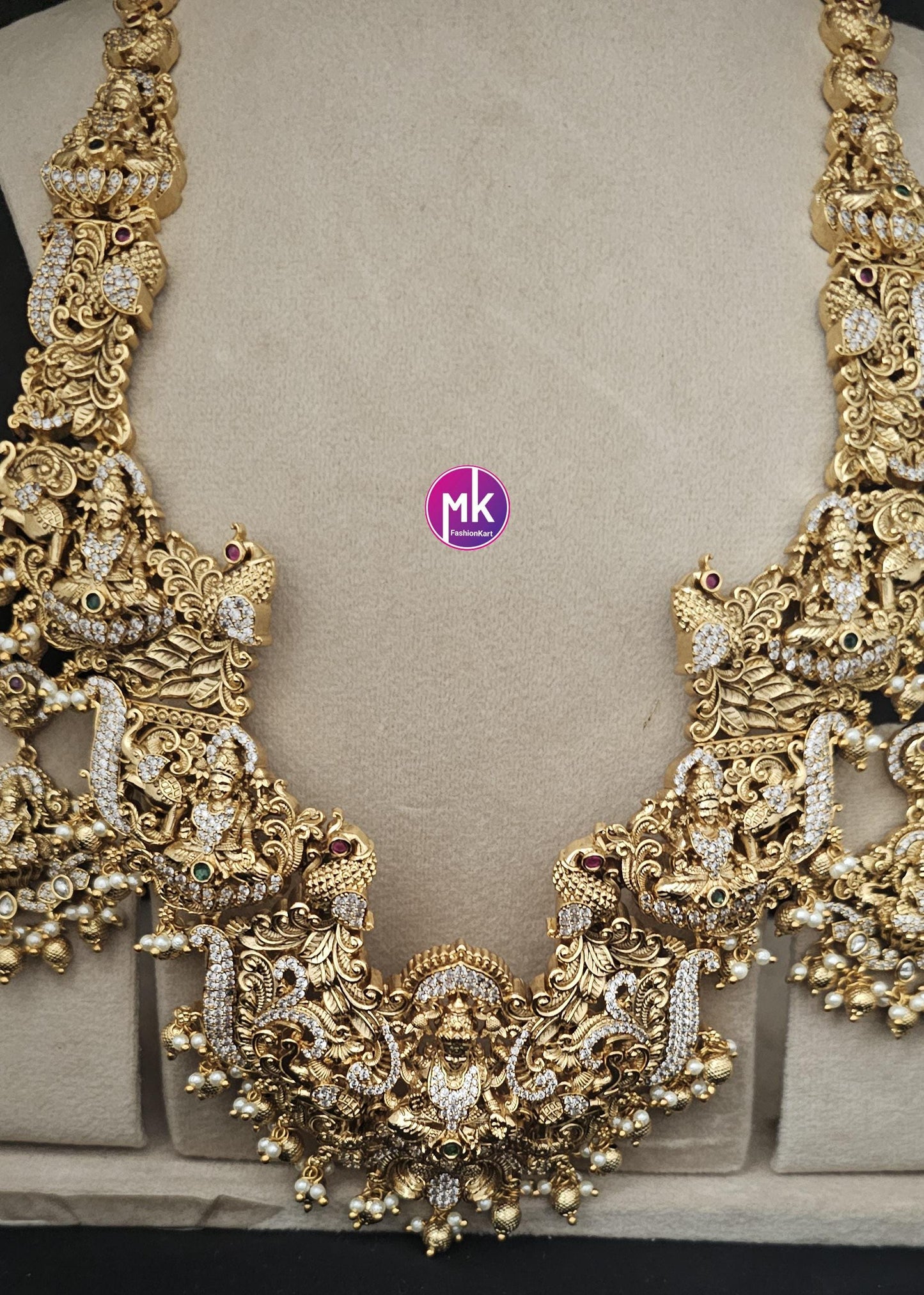 Celebrity Style Nakshi Design CZ/AD Heavy Big Bridal Temple Haram w Big Earring - Bridal Temple Jewelry Haram - MK Fashionkart