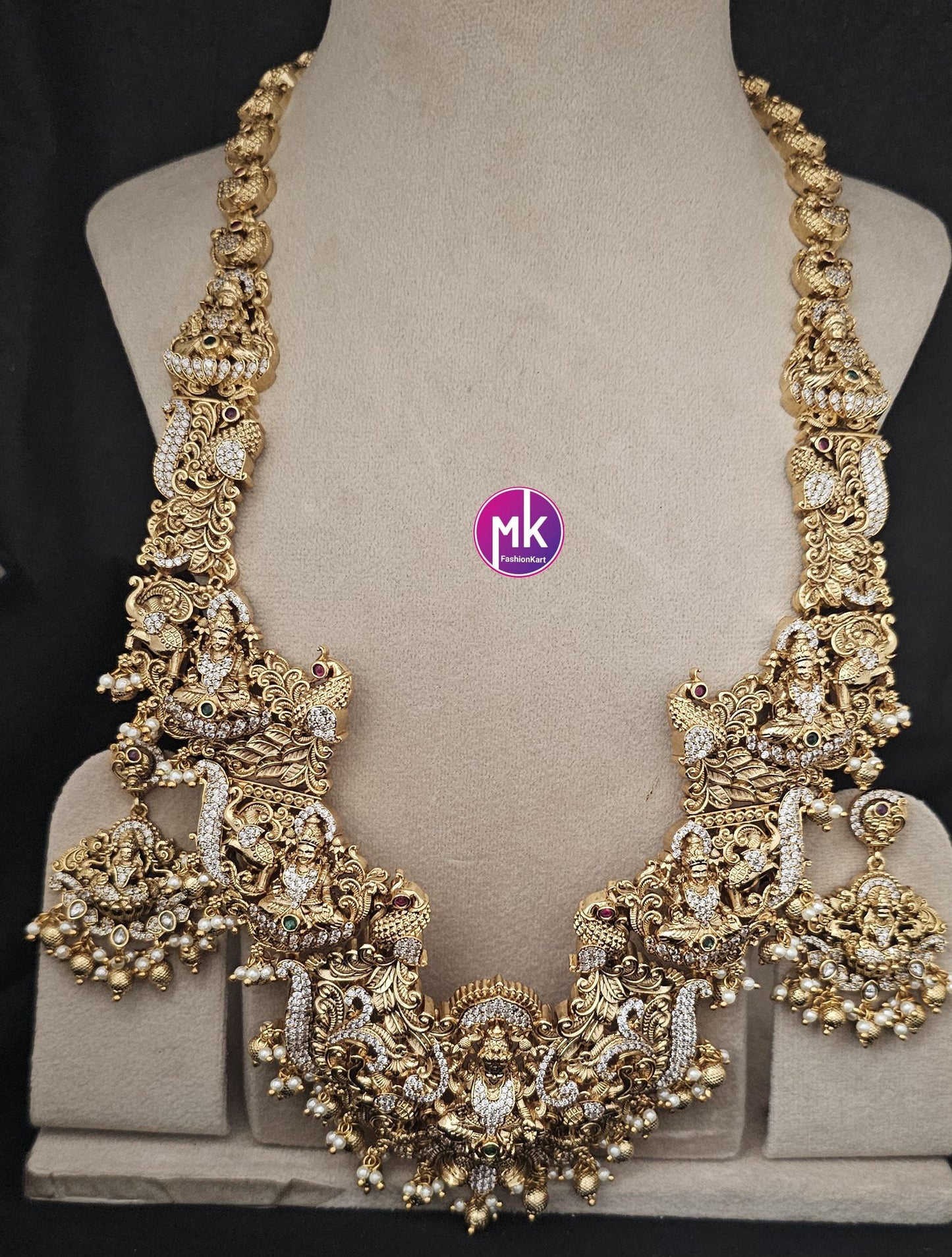 Celebrity Style Nakshi Design CZ/AD Heavy Big Bridal Temple Haram w Big Earring - Bridal Temple Jewelry Haram - MK Fashionkart