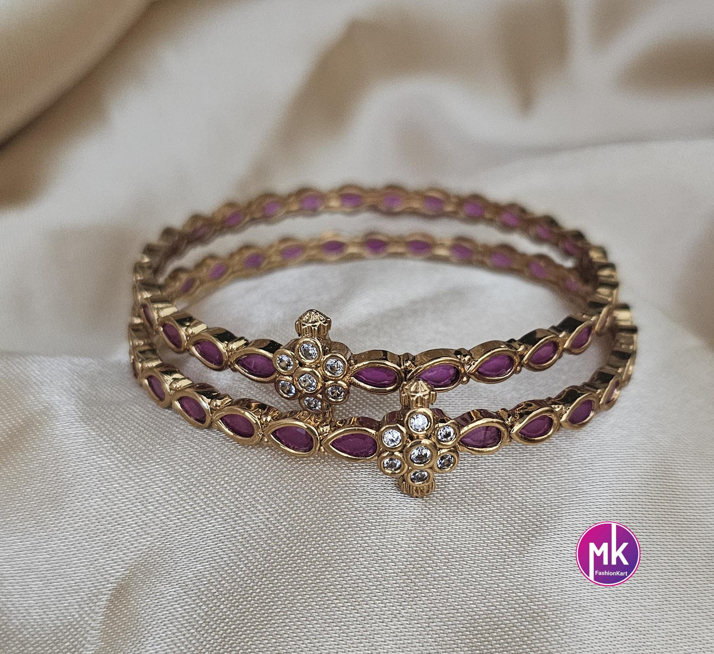 Matte gold finish Kemp and AD stones Bangles - Set of 2 bangles - Size 2.4, 2.6 and 2.8 - Fashion Jewelry - MK Fashionkart
