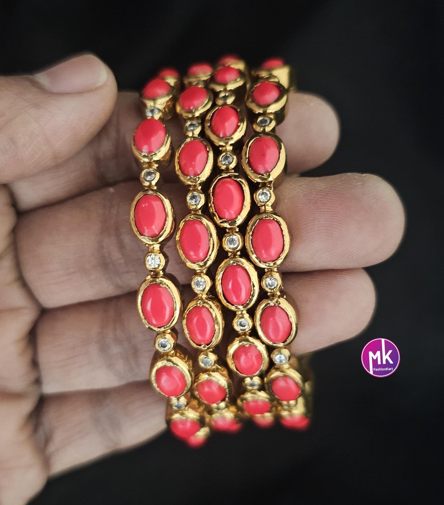 Premium quality gold finish Coral and AD stone Bangles - Set of 4 bangles - Size 2.4, 2.6 and 2.8 - Fashion Jewelry - MK Fashionkart