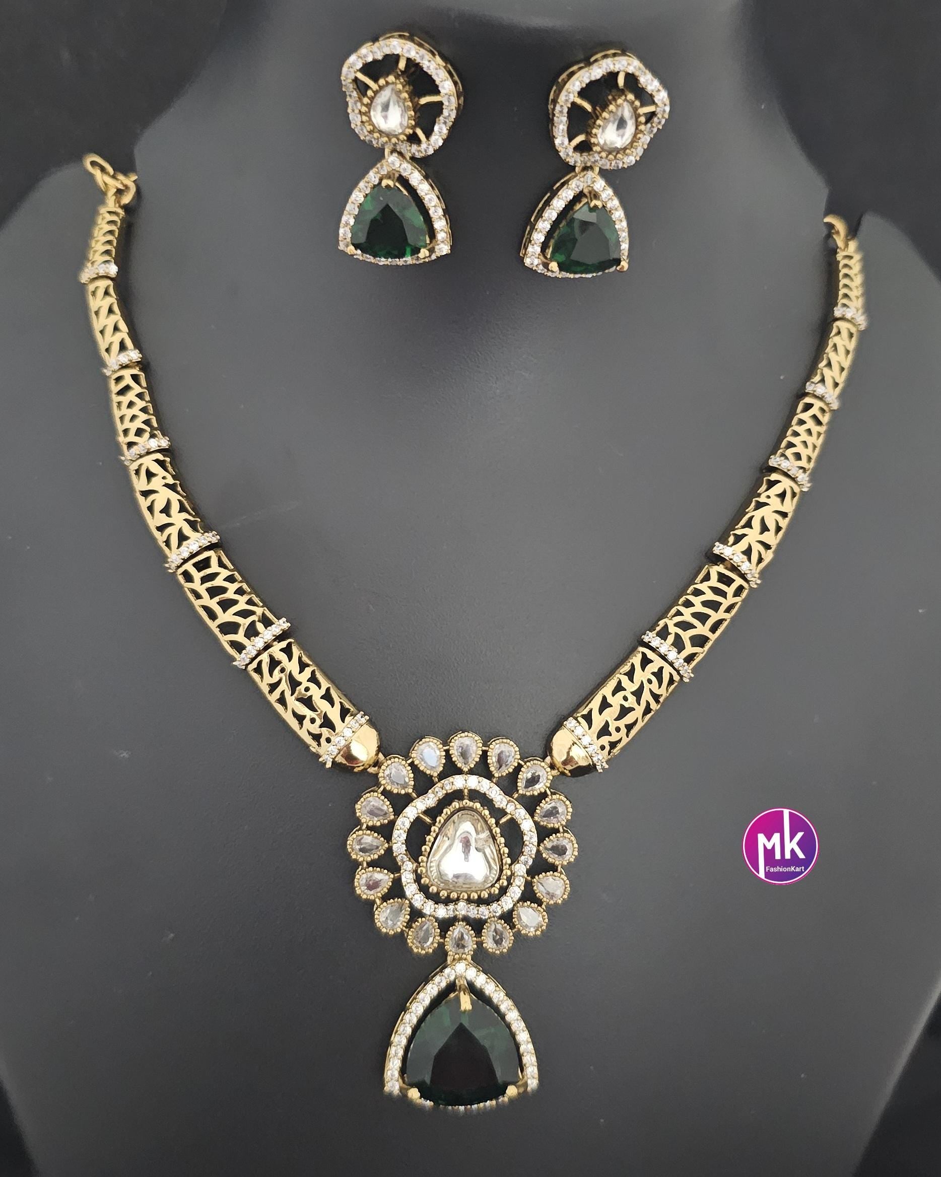 Celebrity style Flower design stone premium Hasli emerald stone necklace with matching Earrings - Fashion Jewelry - Mk Fashionkart